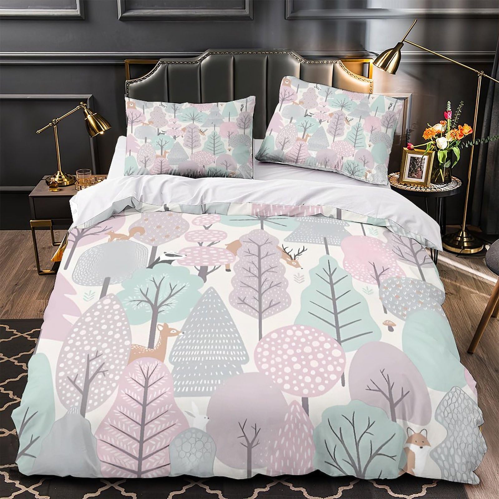 Housse de couette microfibre parure de lit résistante motif feuilles pour literie fille double