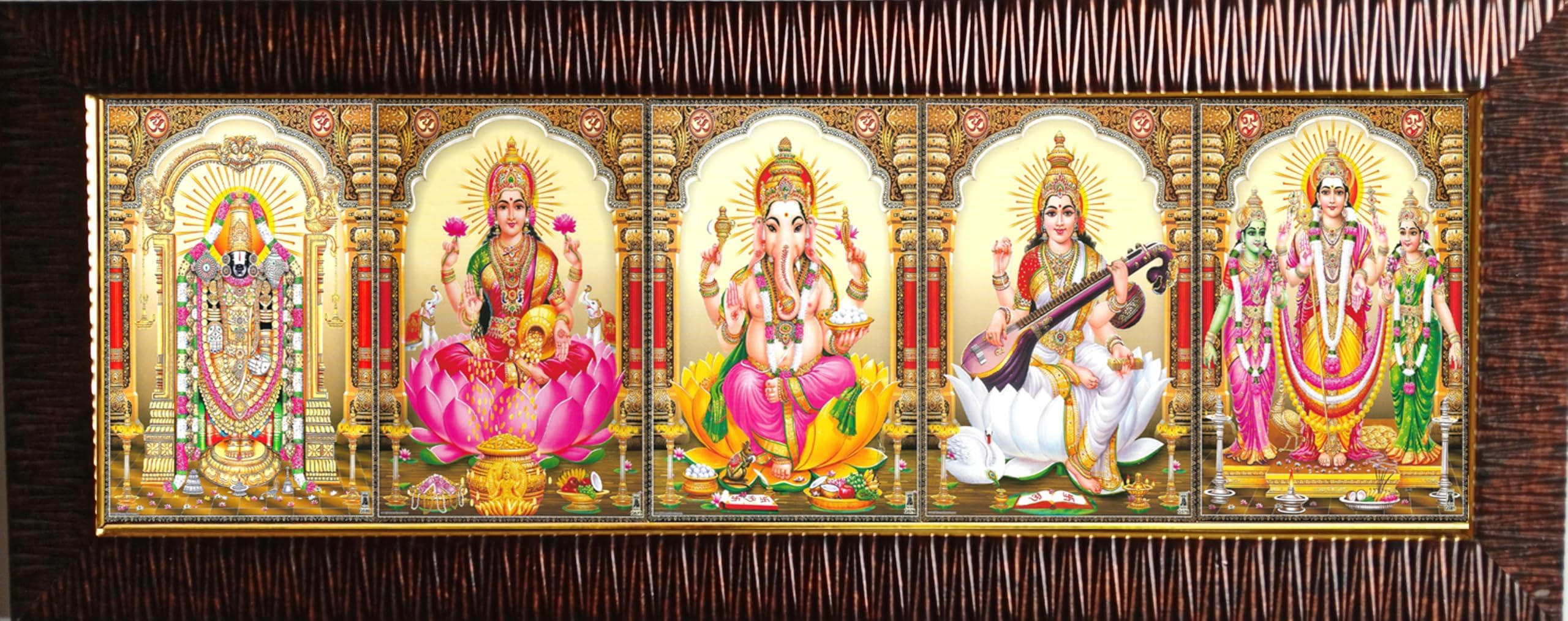 manas 5 Hindu god and Goddess Photos with Wooden Frame for Pooja - Five god Photos in a Frame for Pooja (20x8inch),Wall Mount
