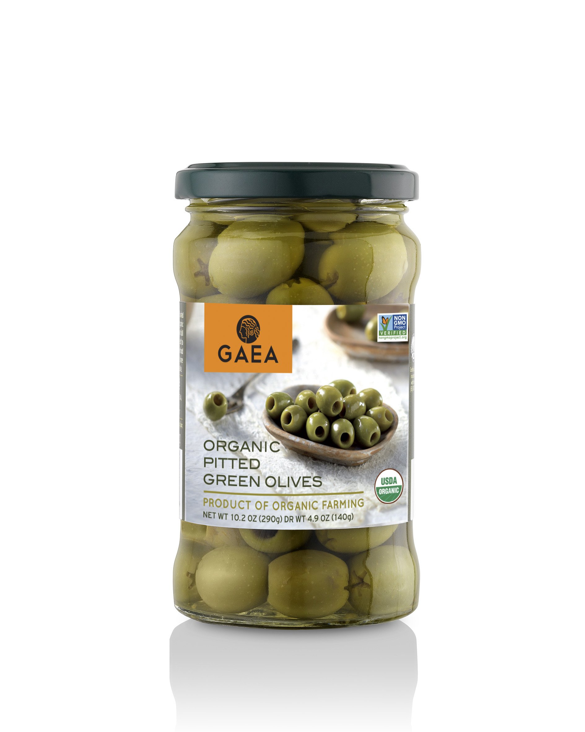 Gaea Organic Pitted Green Olives Non-GMO Large Olives (8 ct. 6 oz Jars)