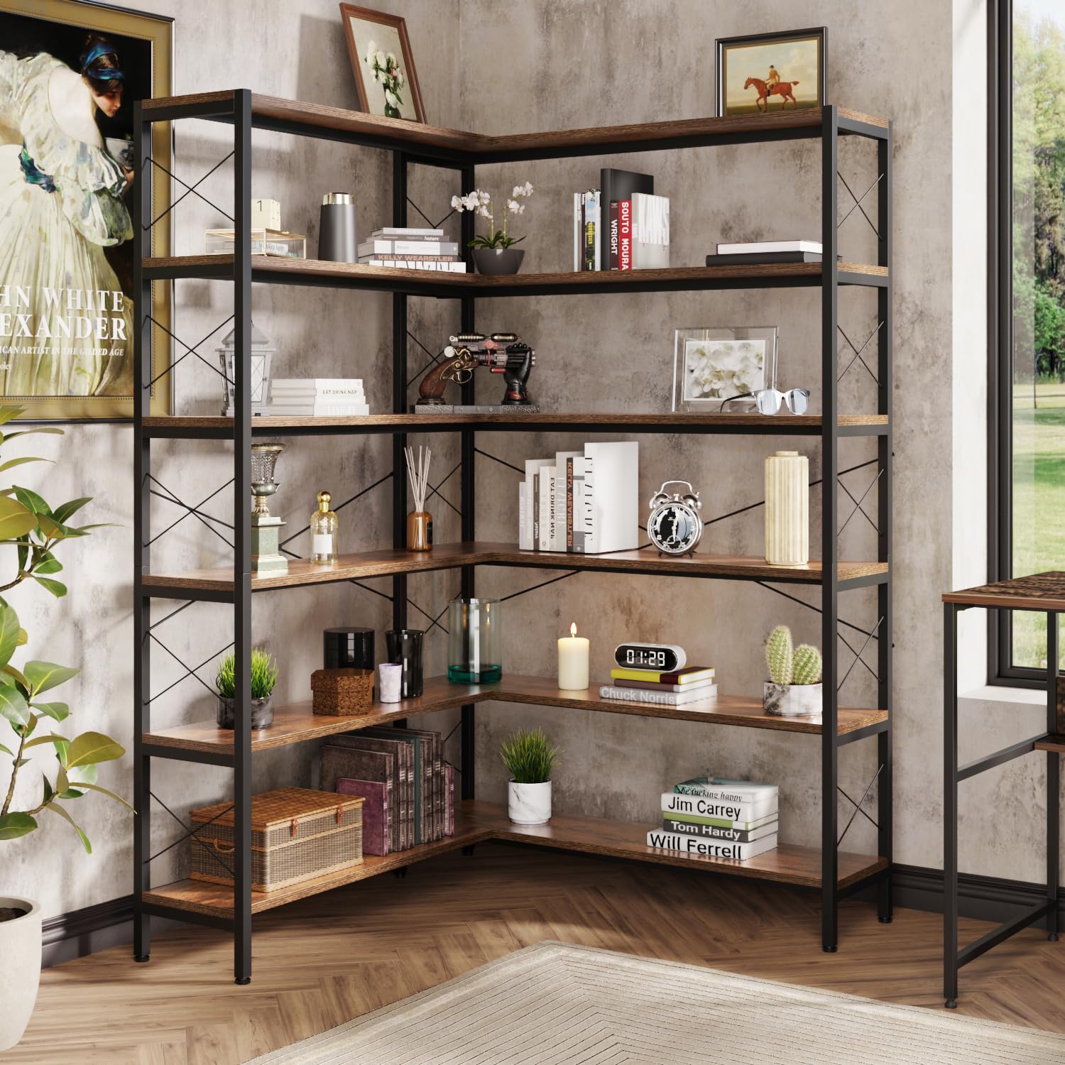 Wildhome 6-Shelf Corner Bookshelf, Vintage Industrial L Shaped Bookshelf Etagere Bookcase, Corner Shelf with Metal Frame Open Storage Rack Corner Book