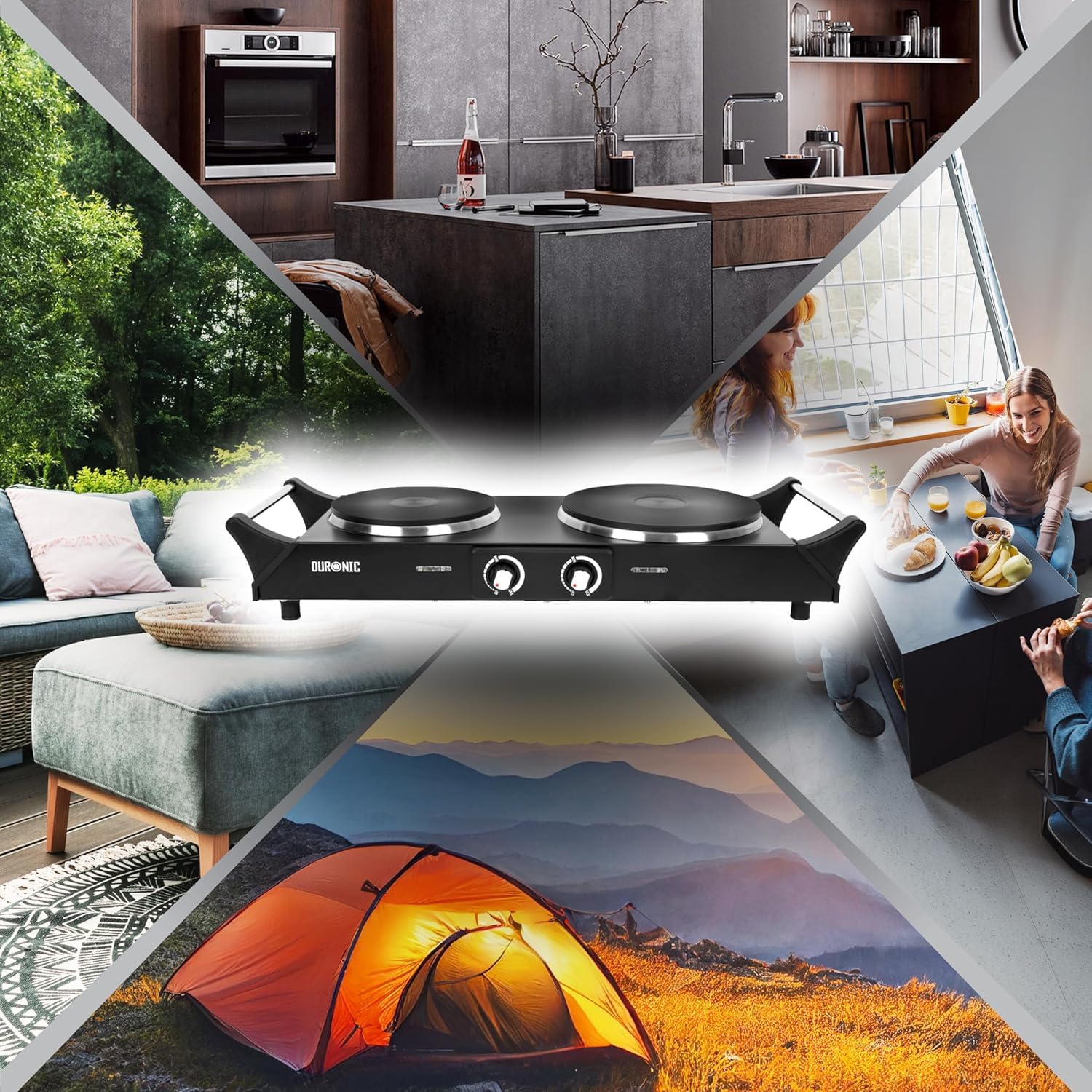 Duronic HP2 BK Fornello Elettrico 2500W 2 Piastre in Ghisa 2 Fuochi Nero | Temperatura regolabile, manici per il trasporto, piano cottura portatile, ideale per campeggio, casa, ufficio e cucina