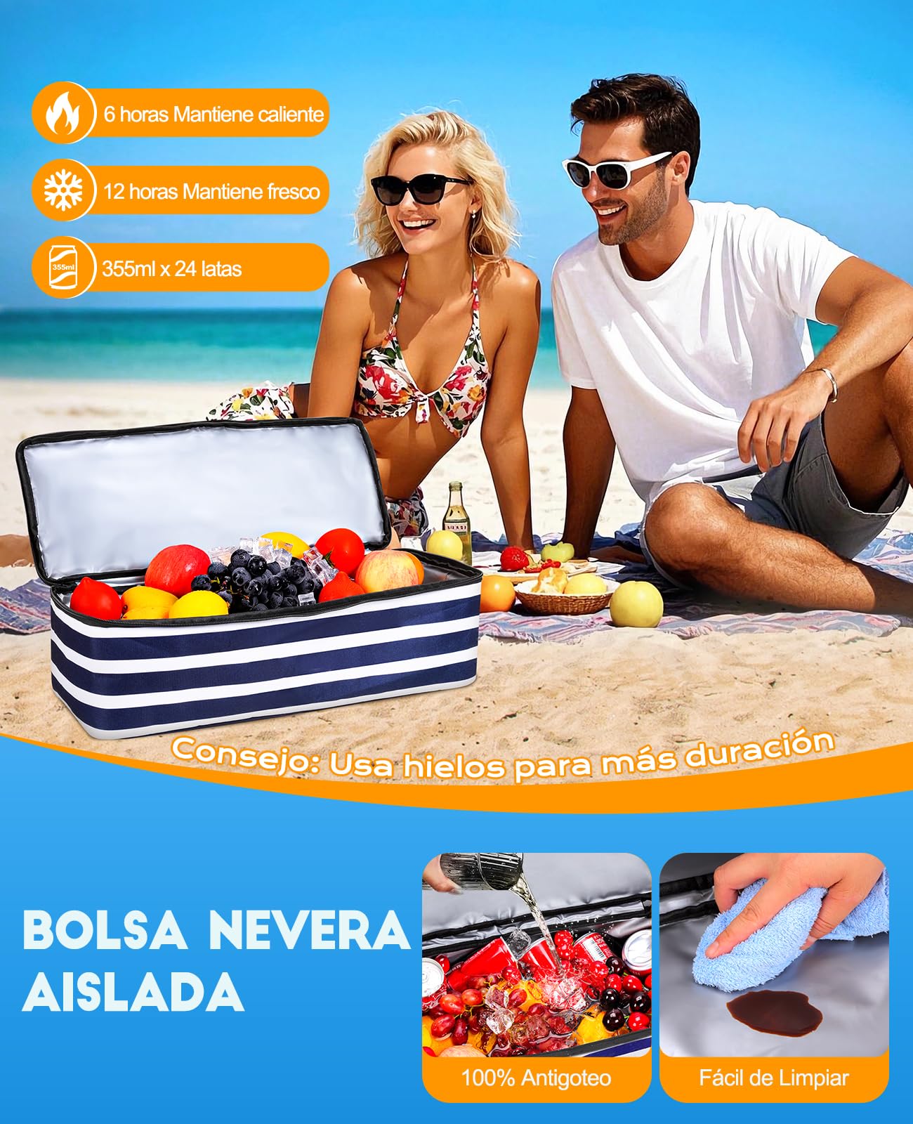 ISEYOU Bolsa Playa con Bolsa Termica Extraíble, Bolso Playa Mujer Impermeable con Cremallera 49L, Bolsas Grandes XXL Familiar con 8 bolsillos Plegable para Viajes, Picnic, Vacaciones