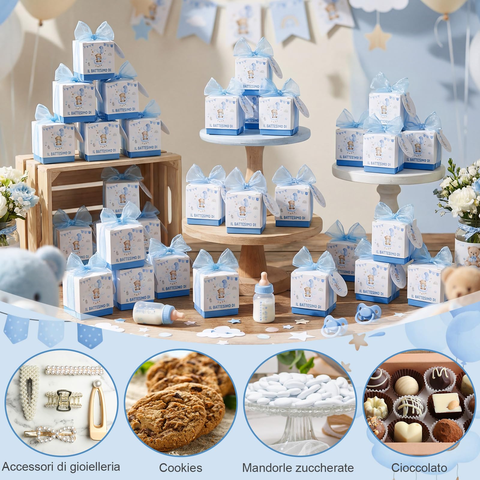 Jadive Boîtes à Dragées Baptême Personnalisables Étiquettes Ruban Cadeau Ours Arc-En-Ciel Bleu clair