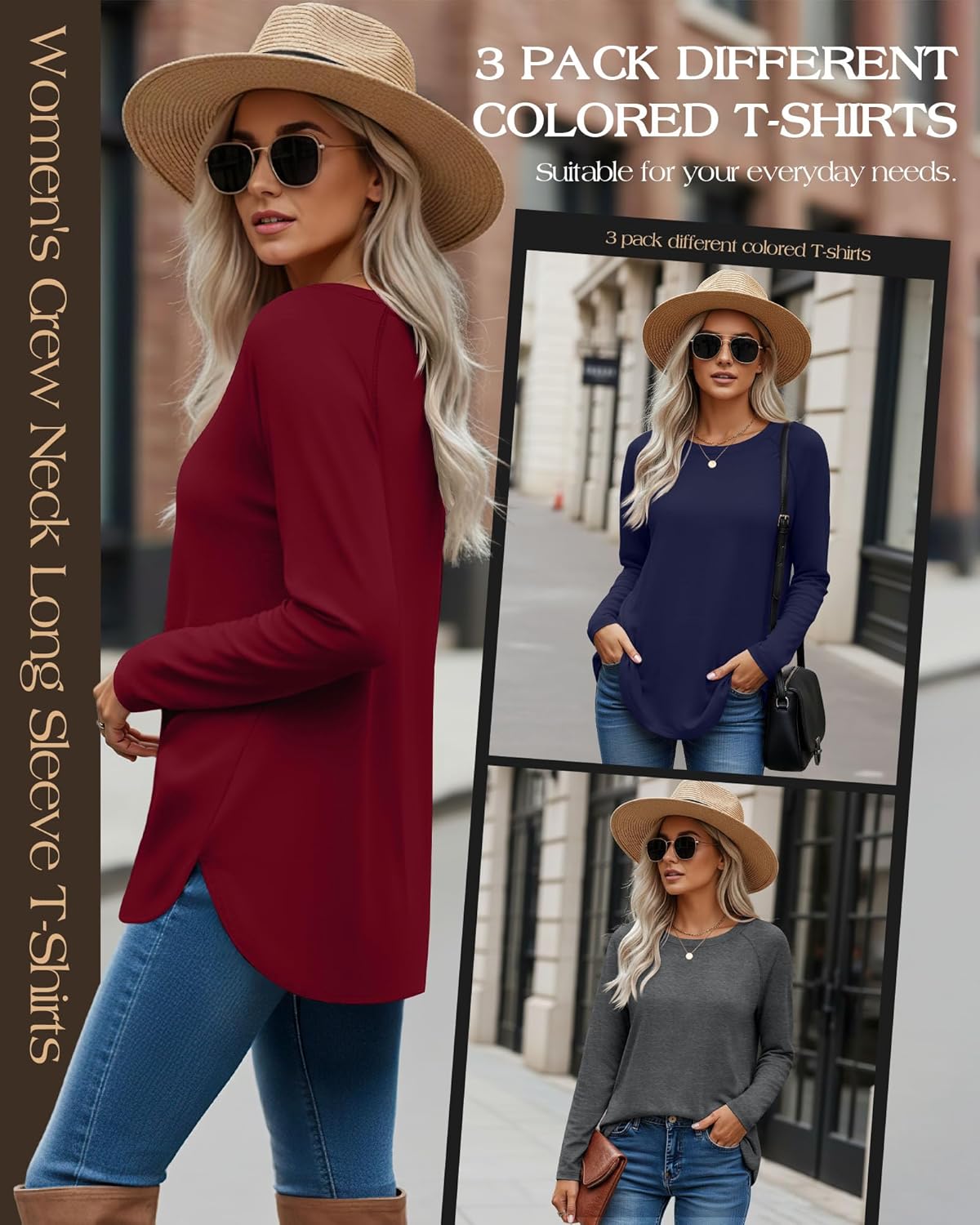 Ficerd 3 Pack Women's Long Sleeve T-Shirts Crew Neck Raglan Sleeve Casual Loose Fit Shirts Side Split Curved Hem Tunic Tops - Image 3