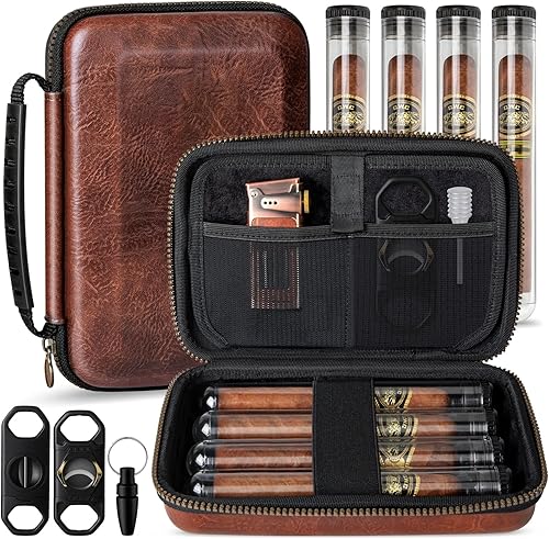 Estuche Humidor de Puros de Viaje, Bolsa Portátil para Puros con 4 Tubos para Puros, Estuche de Cuero para Puros Incluye Cortador Recto, Cortador en