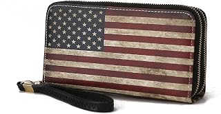 USA Wristlet Wallet for Women's, American Flag Vegan Leather Double Zipper Multi Pocket Small Patriotic Purse