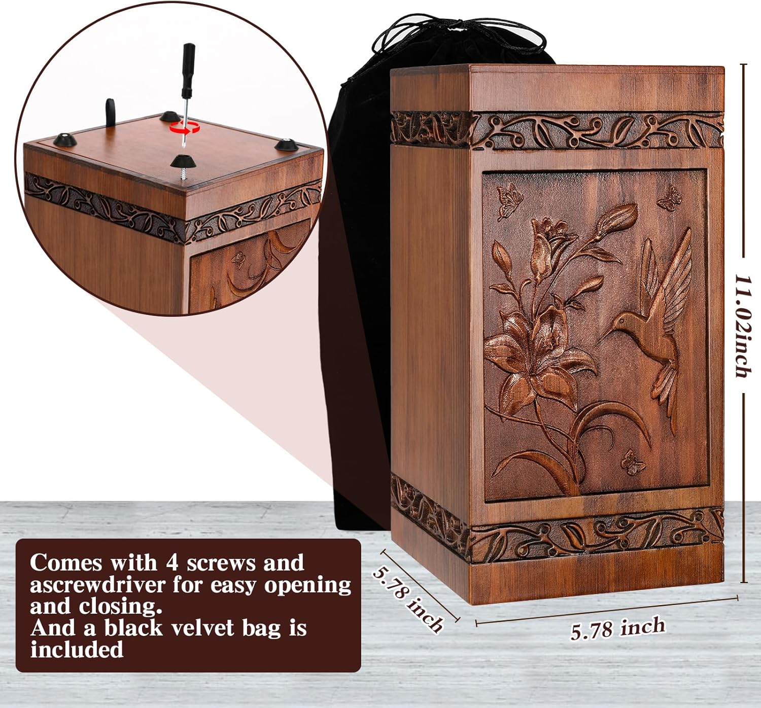 Handcrafted Wooden Cremation Urns for Human Ashes Hummingbird Memorials Funeral Decorative Urn for Adult Female Male Large Pet Dog Box Burial Casket Keepsake with Velvet Bag