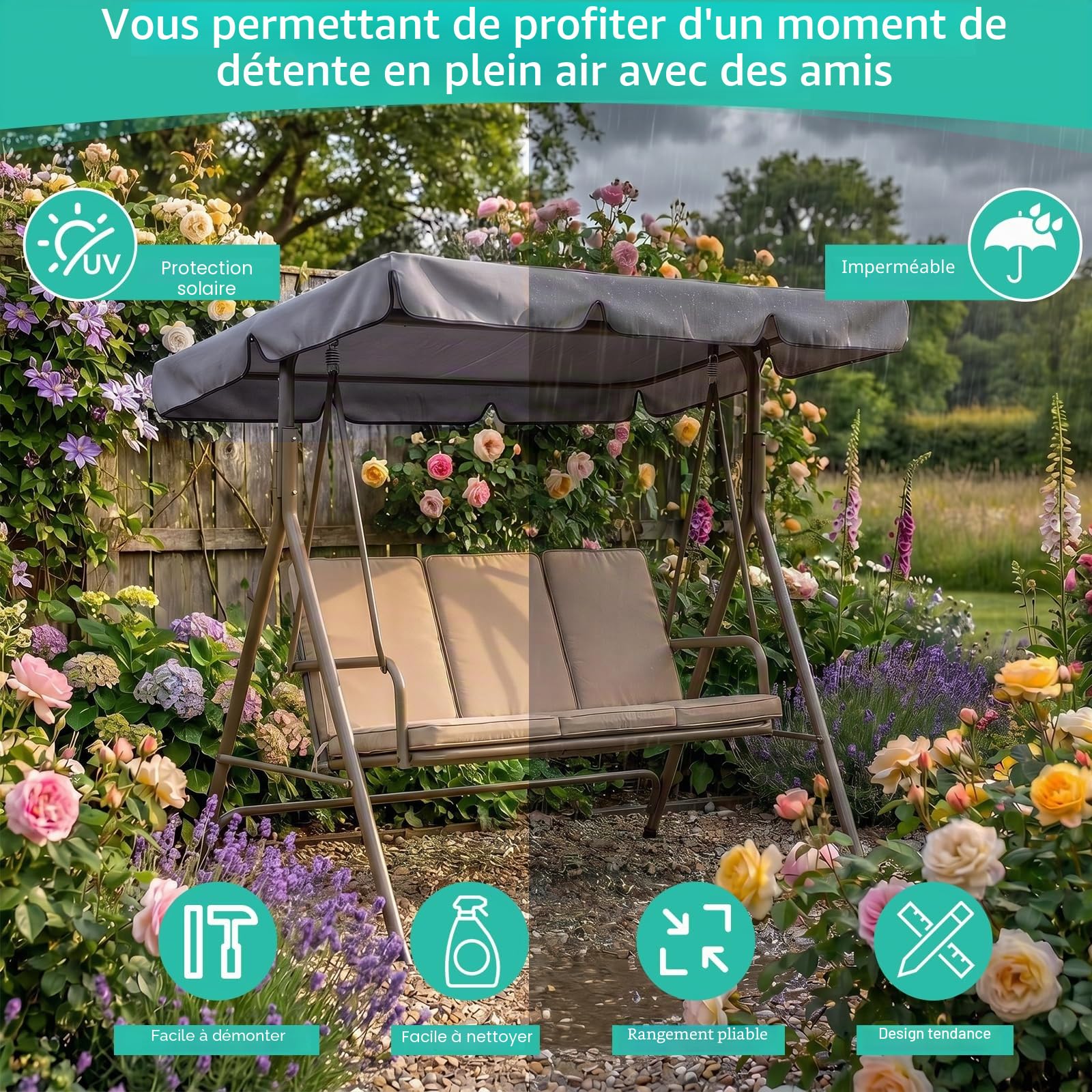 Toit de Balançoire Hollywood Imperméable avec 4 Tunnels Réglables | Toile imperméable pour balançoire avec bande auto-agrippante, Toit de remplacement pour balançoire, Gris, résistant aux UV