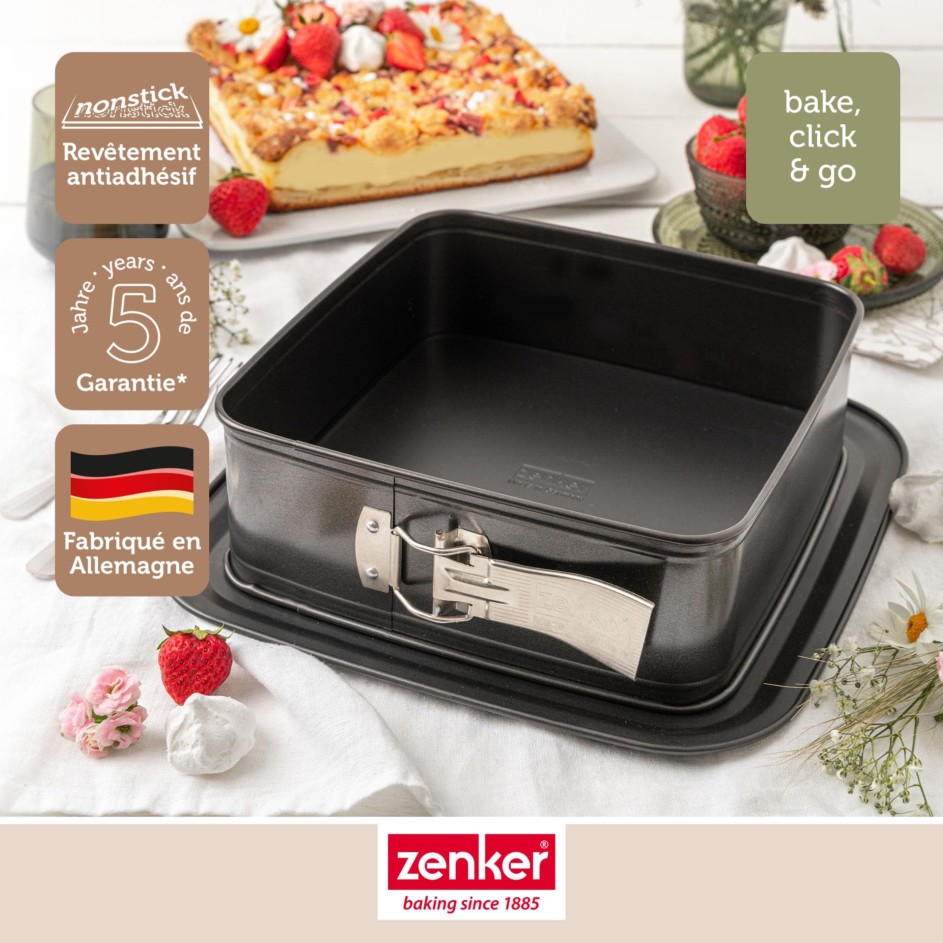 Zenker Bake, Click & Go Moule à charnière carré – 24 x 24 x 8 cm – Moule à gâteau avec couvercle vendu séparément pour un transport direct – Moule à gâteau pour la cuisson et le transport