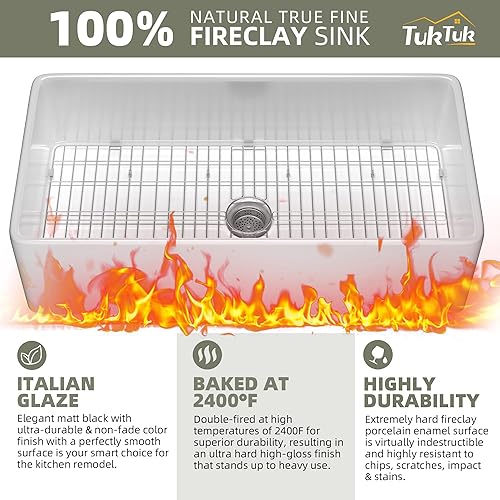 Miniatura 2 de TUKTUK Fregadero de granja blanco de 30 x 20 pulgadas, fregadero de granja de arcilla refractaria, fregadero de cocina empotrado, fregadero de