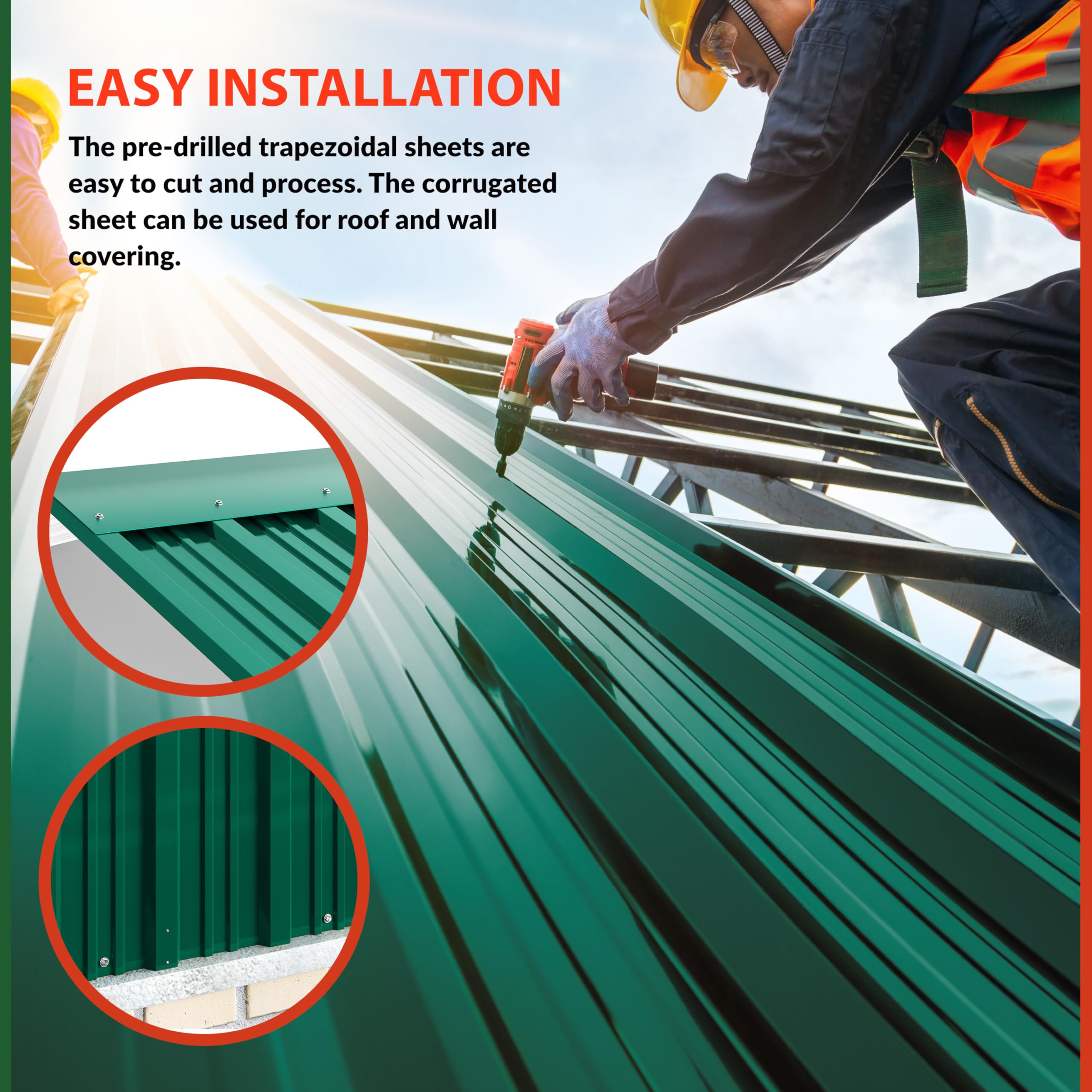GARDEBRUK® 12x Corrugated Metal Roofing Sheets 129x46cm Green | For Garden Shed Metal Sheds Plastic Sheds & Greenhouse 7m² Galvanised Roof Panels Outdoor Storage Bin Store Bike Shed product thumbnail 5