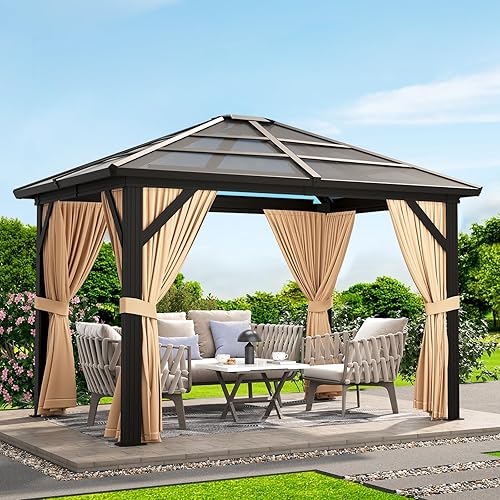 10x12ft Hardtop Gazebo with Netting & Curtains, Permanent Aluminum Frame Outdoor Canopy, Polycarbonate Roof UV Protection for Patio, Lawn, Backyard, and Deck (10'x12')