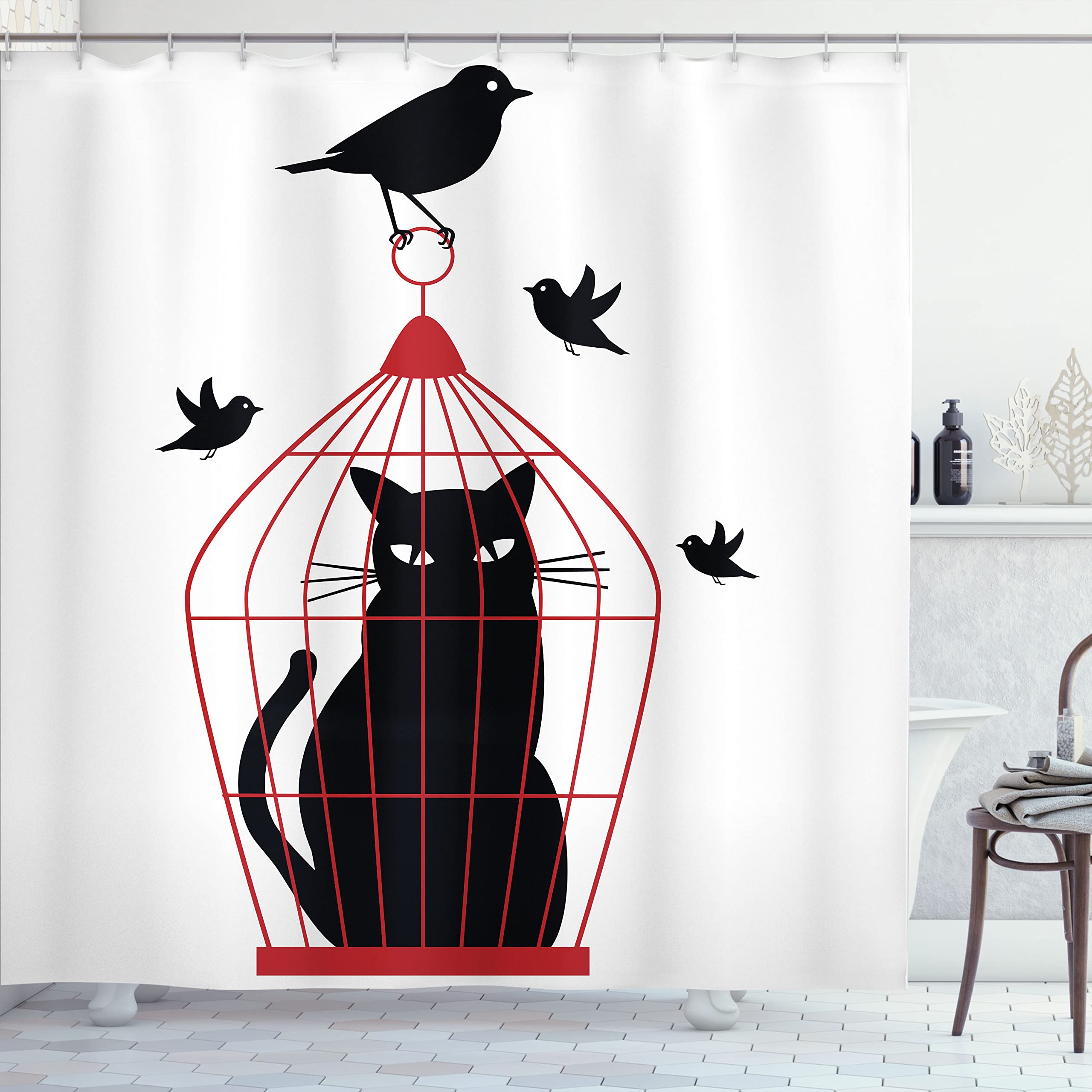 Weihnachts-Duschvorhang – Winter, Kiefer, Lustige Katze & Vogel-Motiv, Polyester, 170 X 180 Cm, Mit 10 Haken