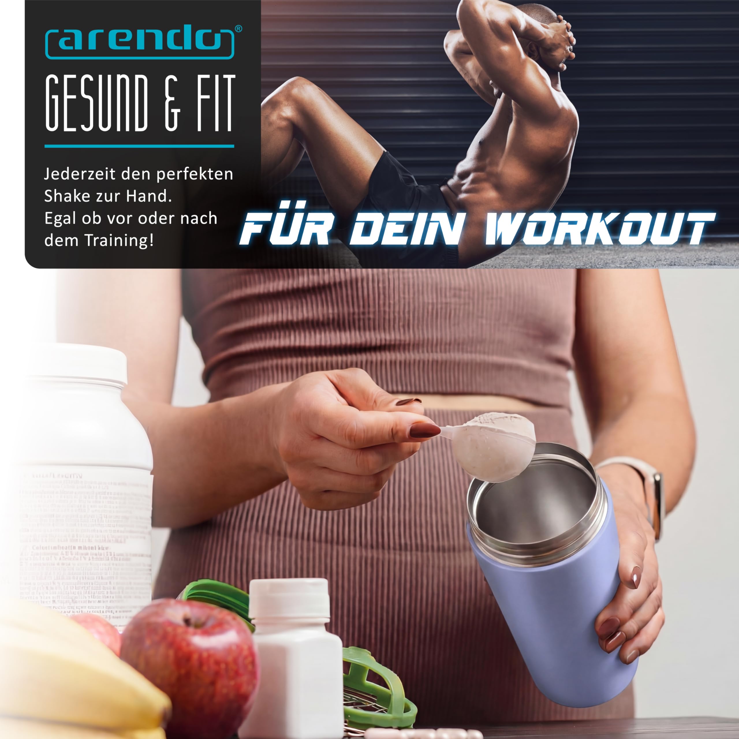 Arendo - Eiweiß Shaker Edelstahl 500ml, Protein Shaker mit Mixkugel, BPA frei, Mixbecher, Metall Premium Eiweißshaker, Tragegriff, Spülmaschinengeeignet, To Go für Yoga Fitness Sport, Lavendel - 5