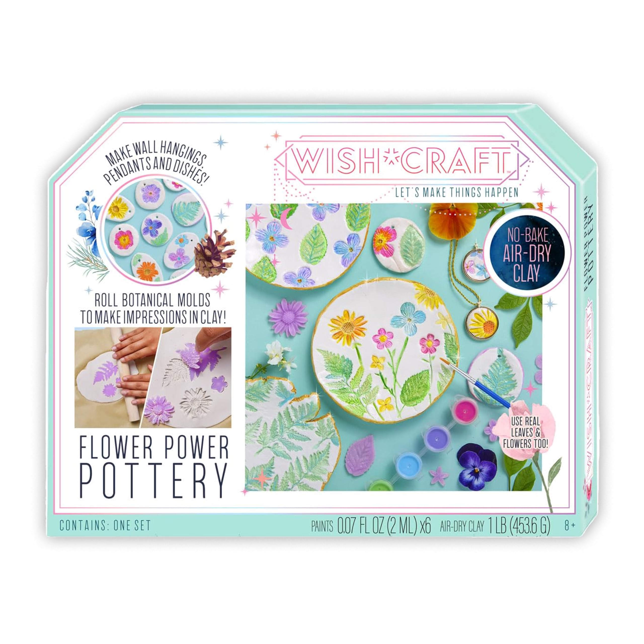 Bright Stripes Wish*Craft Flower Power Pottery – Air Dry Clay Kit with Tools for Adults & Kids to Create Botanical Pottery with Stamps, Paints, Metallic Gold & Glaze; Perfect for DIY Crafts & Gifts