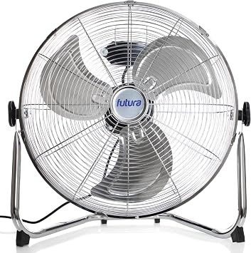 Futura 20 Inch Metal Floor Fan, 110W Industrial Fan, 3 Speeds | Powerful 110W motor, 3 aluminium blades, 3 speed settings, 160° tilt head, carry handle and 165cm power cable.