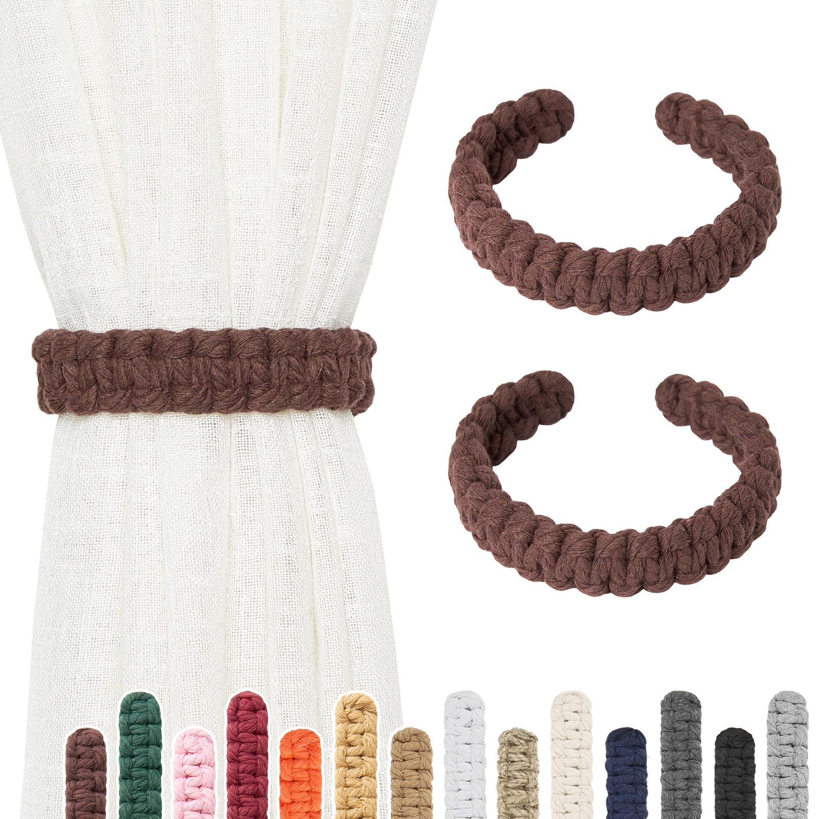 Pretty Jolly 2 Pack Natural Cotton Rope Curtain Tiebacks Farmhouse Rustic Style Decorative Drape Tie Backs Handmade Braided Curtain Holdbacks for Home Sheer/Light Weight Drapery (C-Coffee-S)