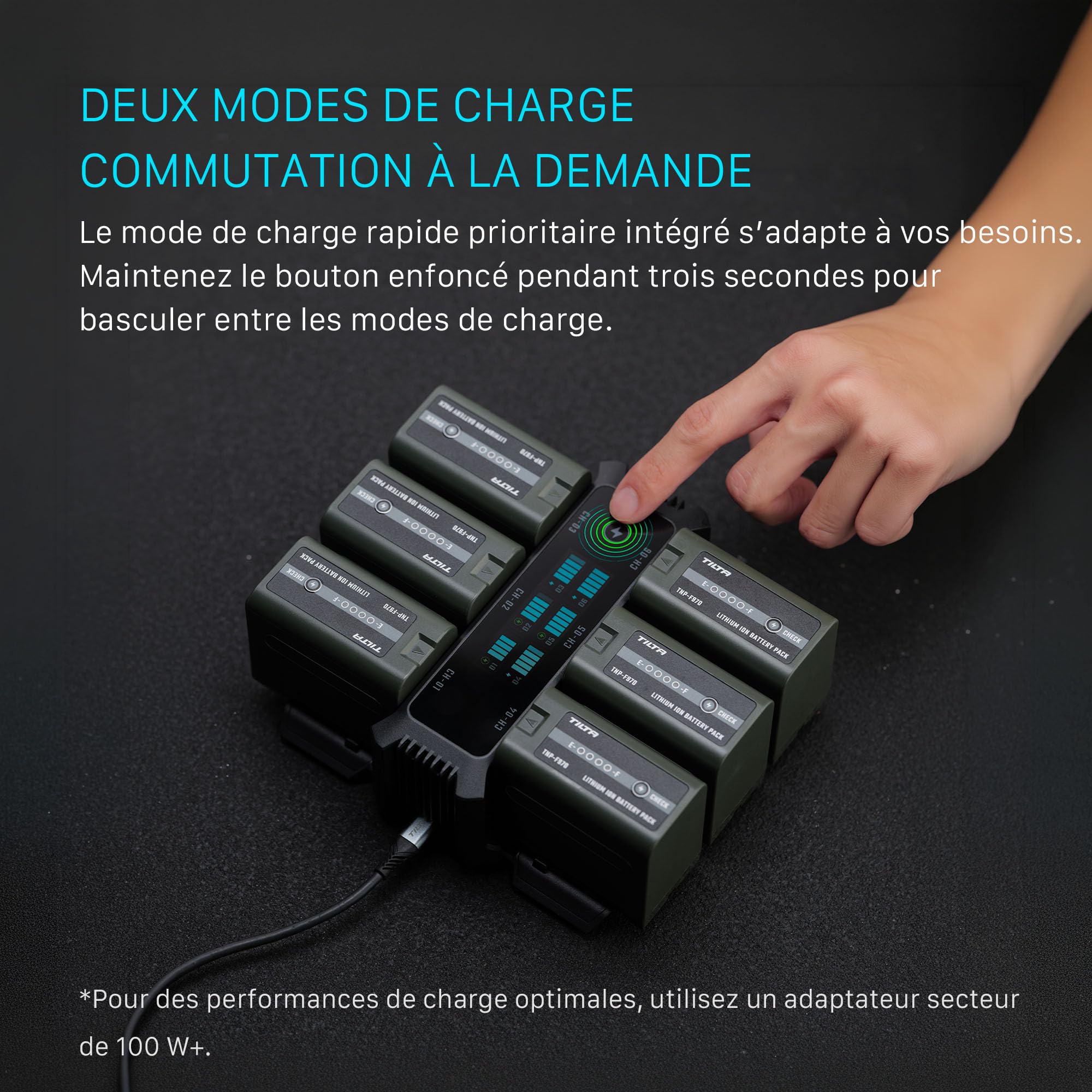 Tilta NP-F Chargeur Compatible avec Sony NP‑F970/F750/F570/F550 Batterie | Charge rapide 100W PD/QC,6 slots chargent 6 batteries,Refroidissement ventilateur régule temp,Écran affiche niveau batterie