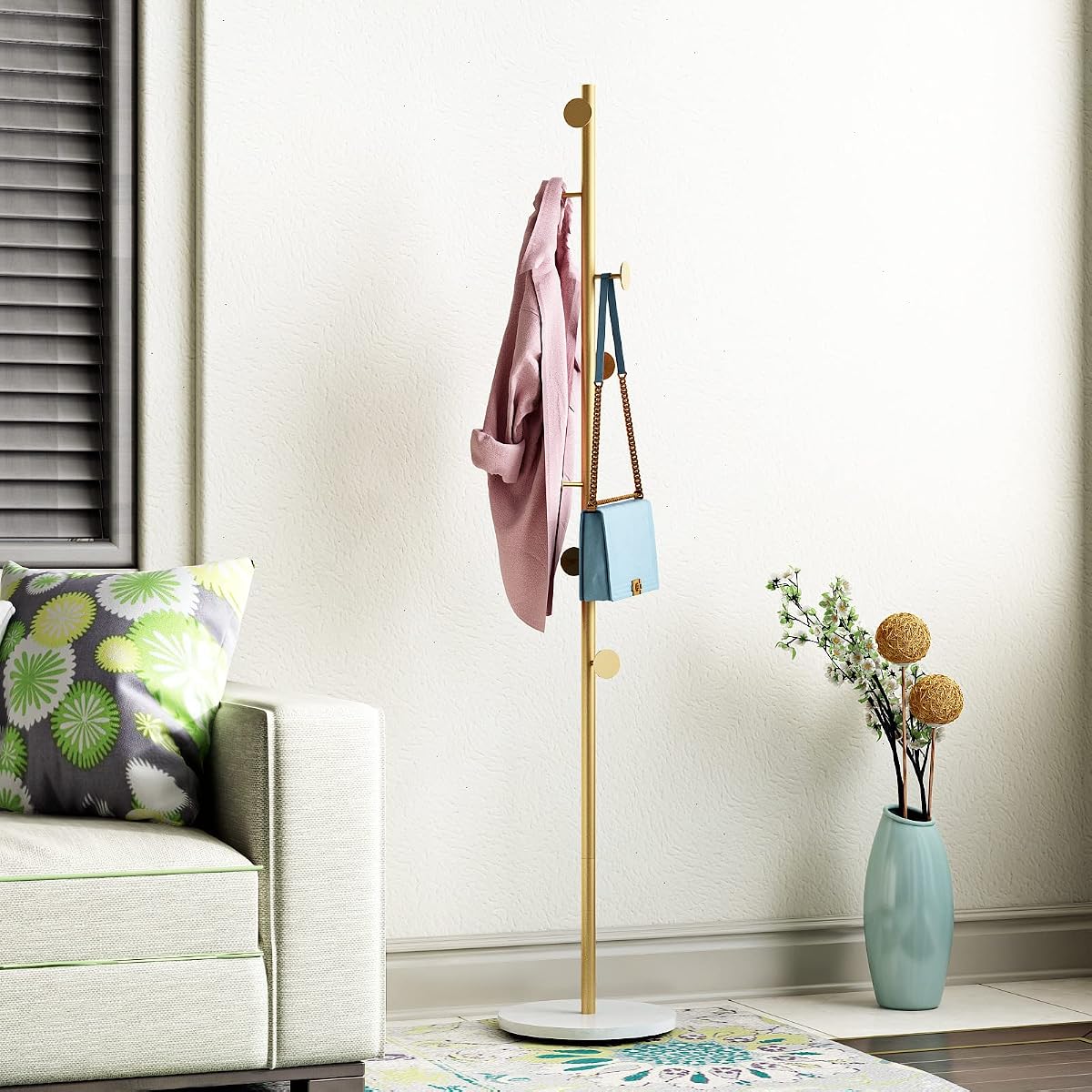 Gold Coat Racks with 7 Hooks, Branches Coat Tree Entryway, Freestanding | Modern Hat Rack, Easy to Assemble, Heavy Stable Marble Base