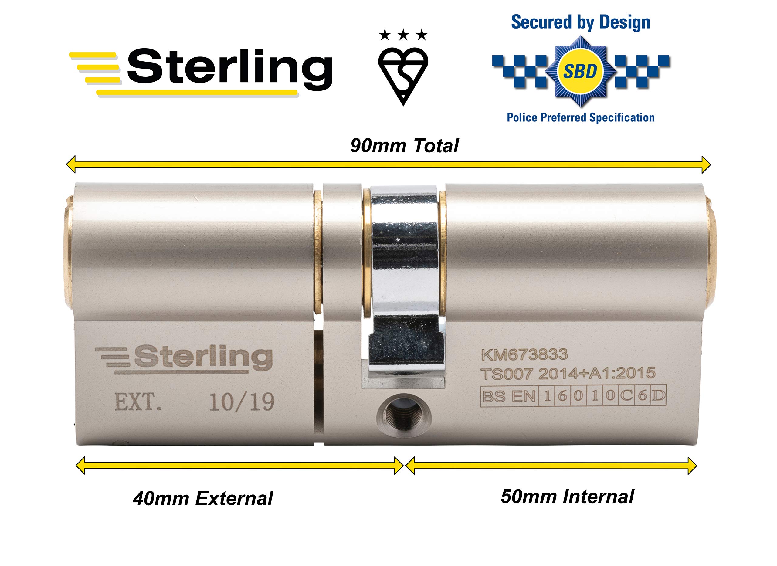 Sterling TS007 BS3 3 Star Police Approved Secured by Design Euro cilindro de puerta, doble acabado latón y níquel satinado, 50 mm interno 40 mm exterior (90 mm total)