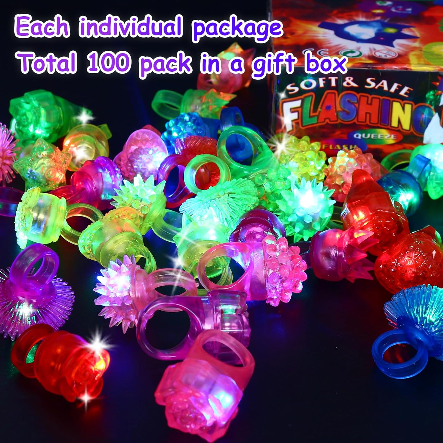 100 Pack Light Up Rings, Glow in The Dark Party Favors, 8 Style Flashing LED Jelly Finger Rings for Concert, Goodie Bag Fillers, Classroom Prizes,Raves, Halloween