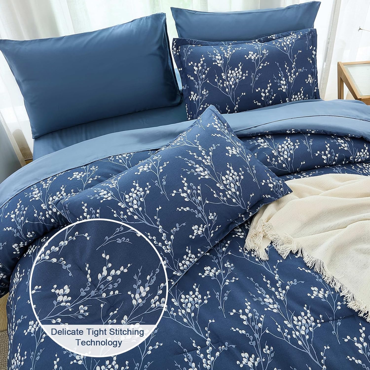 DJY Navy Comforter Set Queen, 7 Piece Navy Blue Bed in a Bag Bedding Sets Queen Size Botanical Branch Print Comforter with Sheets Soft Lightweight Complete Bedding Sets for All Seasons