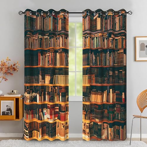 Laeacco Vintage Bookshelf Blackout Curtains Library Books Bookcase Print Curtain