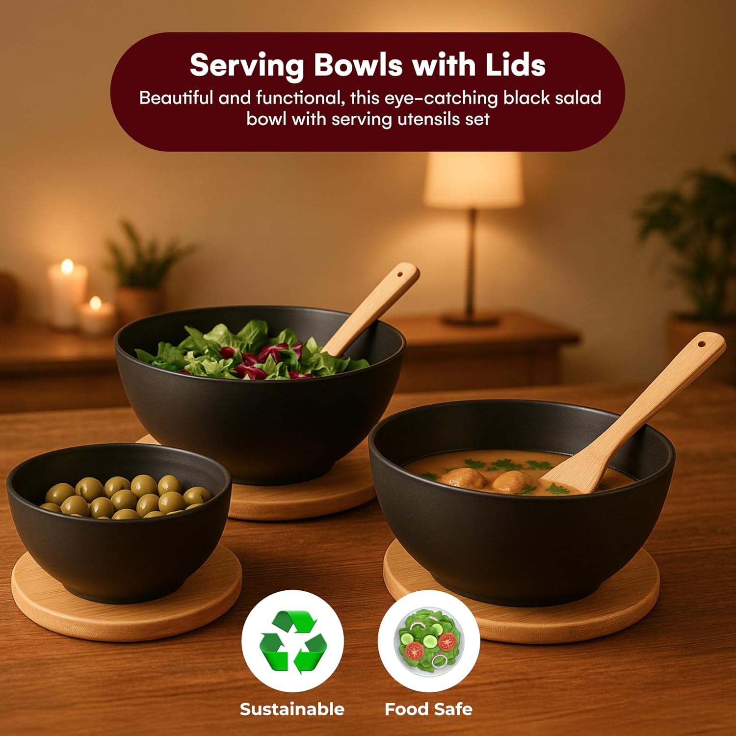 Vdomus Salad Serving Bowls with Lids - 5x10x10-Inch Bamboo Fiber Bowl Set with Wooden Lids - Multi-Purpose Bowl and Board Set for Kitchen - Mixing Bowl Set for Serving and Preparing Food - Set of 3 - Image 2