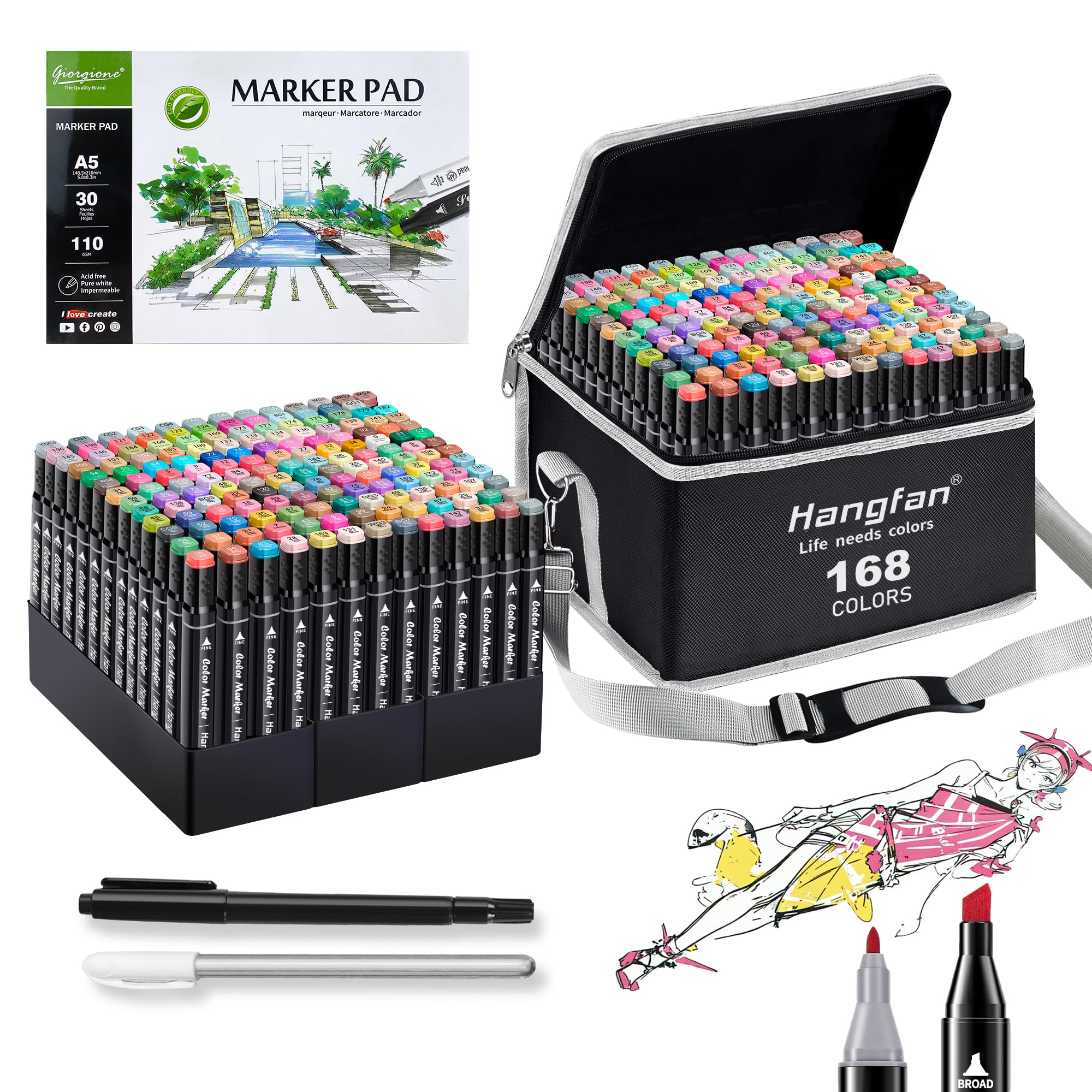 Alcohol Based Ink Art Markers, 168 Colors Broad&Fine Dual Tip Permanent Markers Pen Set for Professional Student Child Coloring Illustrations Sketch Drawing Painting Card Making (Black)