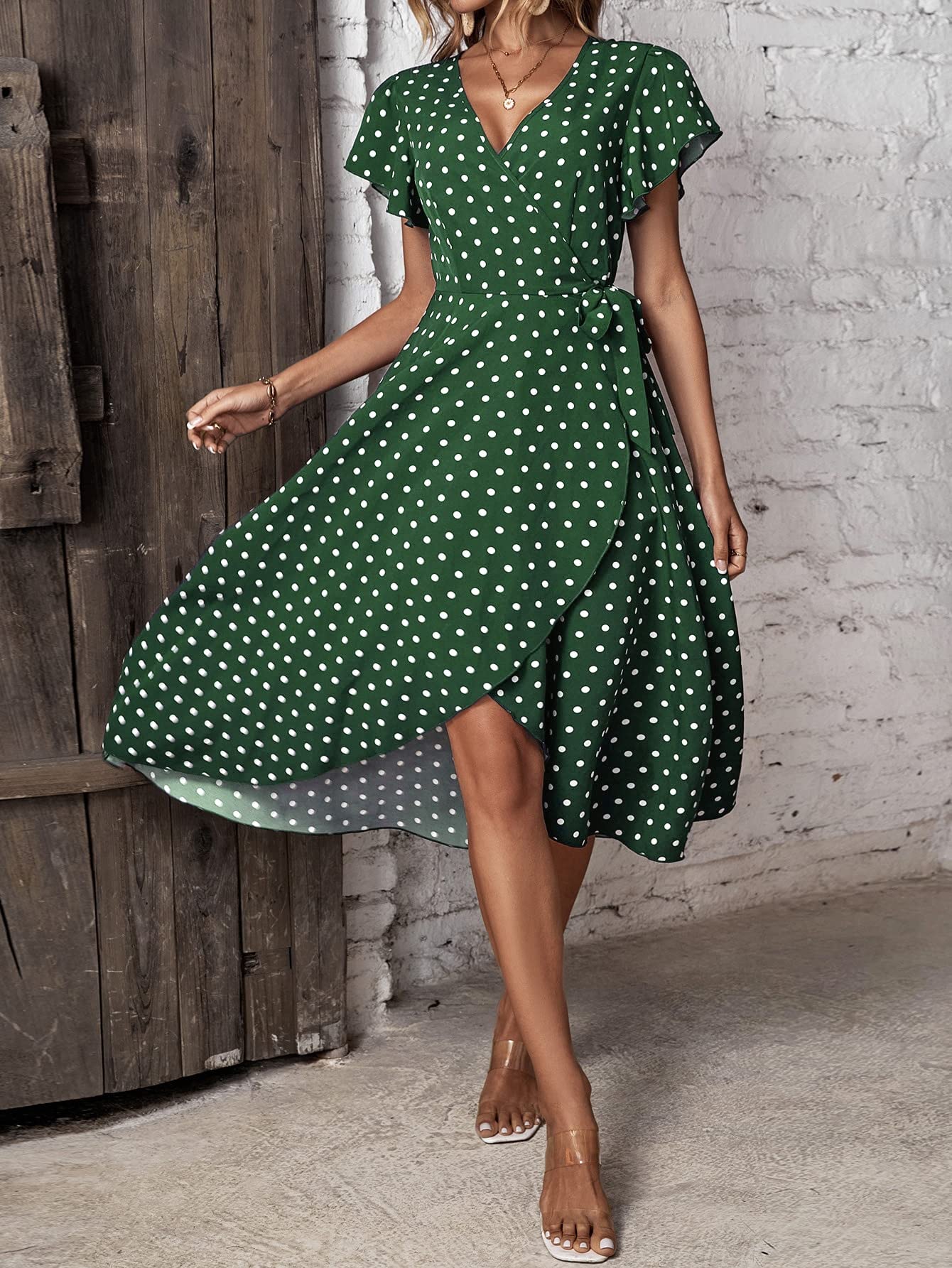 Amazon.com: Women's Dresses Polka Dot Print Butterfly Sleeve Knot Side Wrap Dress  Dress for Women (Color : Dark Green, Size : Small) : Clothing, Shoes &  Jewelry