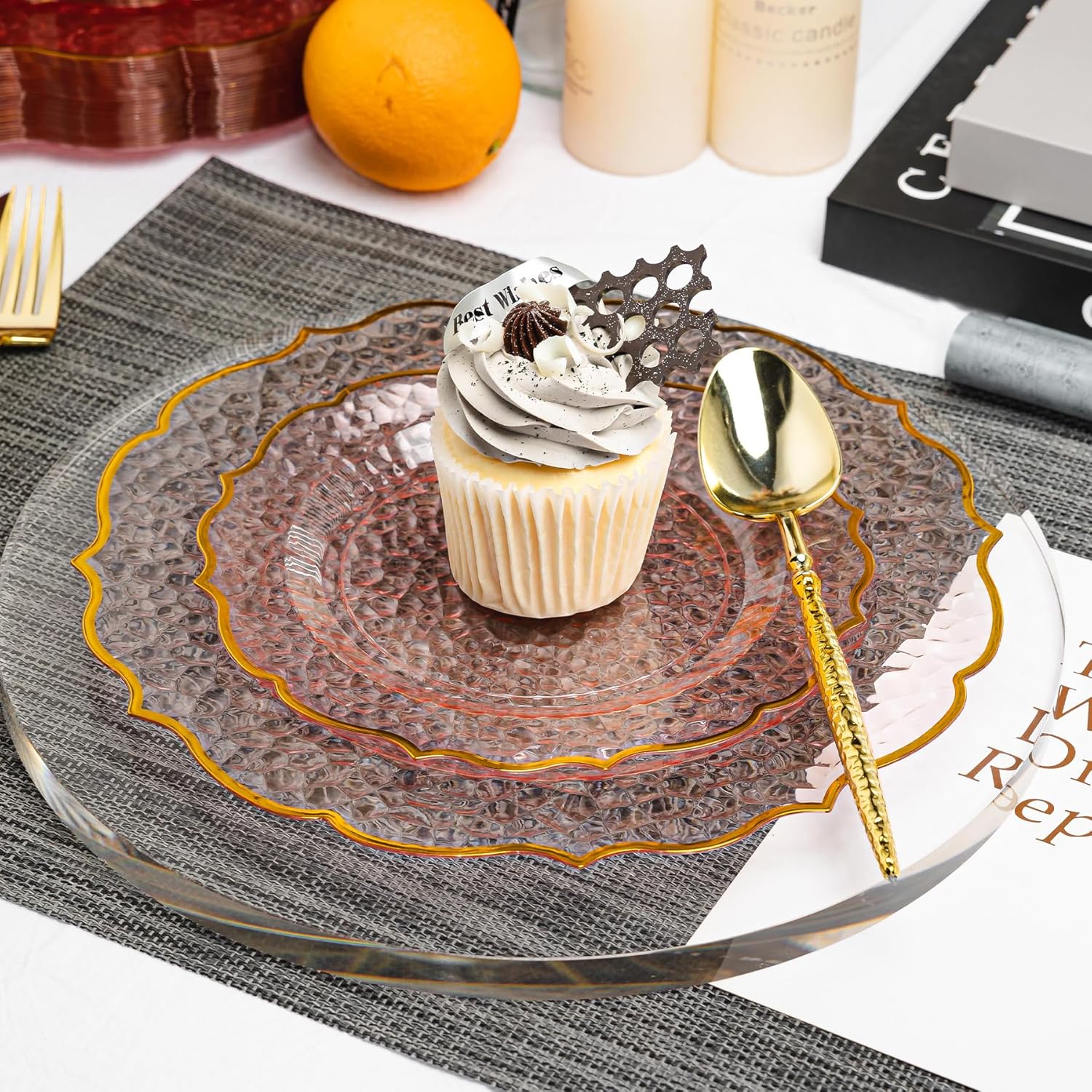 N9R 120 Clear and Pink Plastic Plates, Pink Disposable Plate with Gold Rim, Stone Texture Plate, Include 120 Dinner & Dessert Plates for Wedding, Party - Image 5