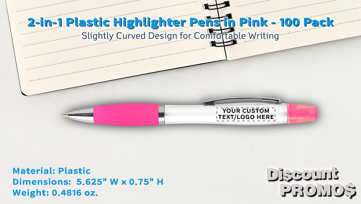 DISCOUNT PROMOS Personalized Plastic Highlighter Pens - 100 pack - Customizable Text, Logo - Pink