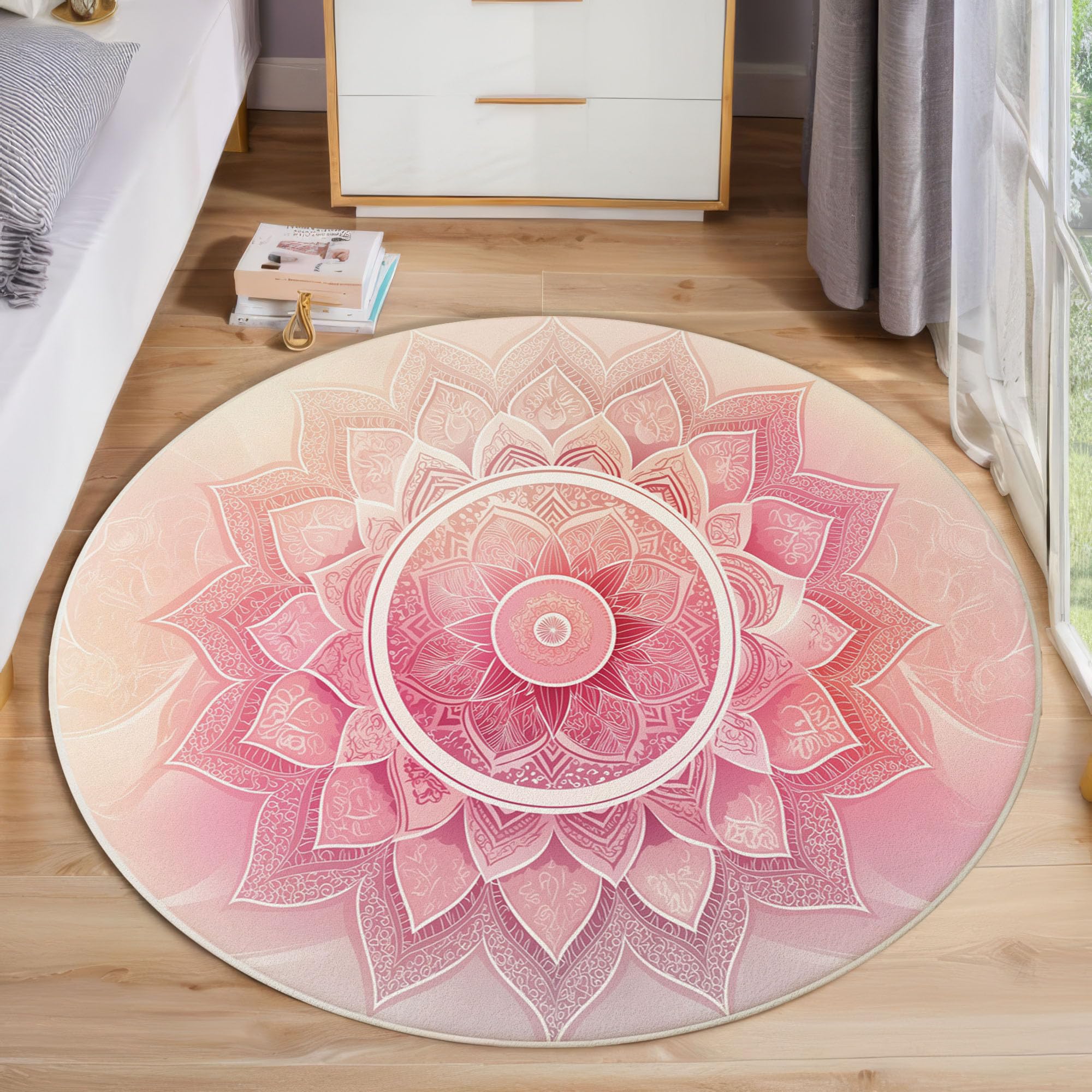 Tapis Rond à Poils Ras Mandala en Ligne Antidérapant Lavable Tapis de Sol Thème De Méditation Moquette Décoration pour Salon Chambre Canapé Descente de lit, 120 cm, Rose