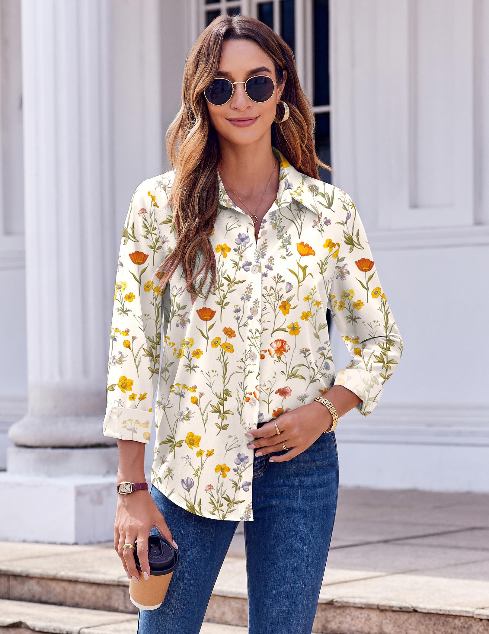 Zeagoo Blusa elegante para mujer, multicolor, manga larga, con botones, para primavera, verano, bussiness blusa, básica, sin planchado, parte superior
