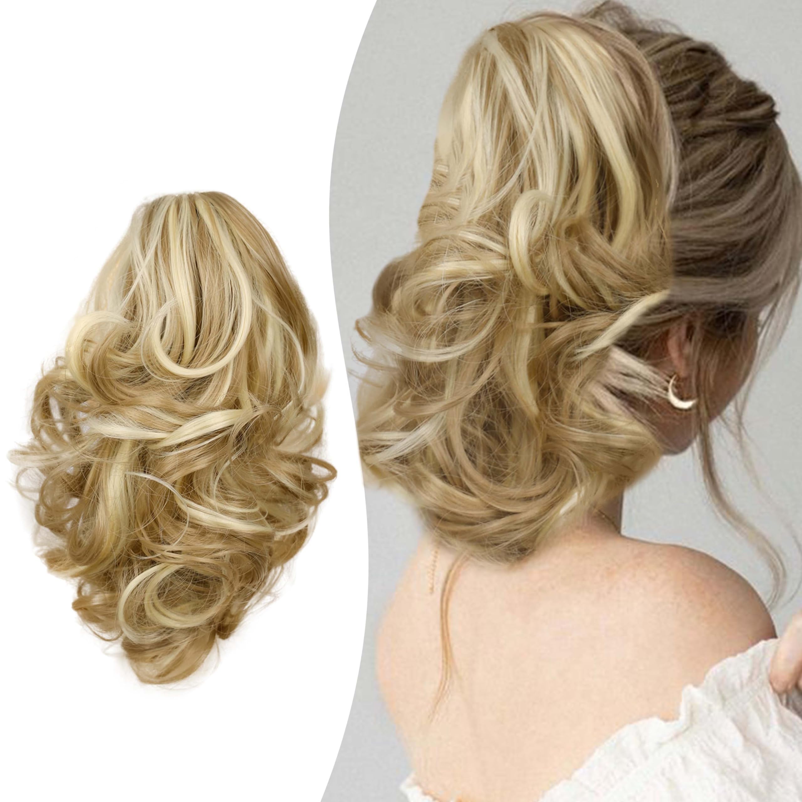 Gairyan 10" Clip in Ponytail Hair Extensions Curly Ponytail Extension Claw on Pony tails Wavy Synthetic Hairpieces for Women Real Natural Short Wave, Sandy Blonde/Bleach Blonde