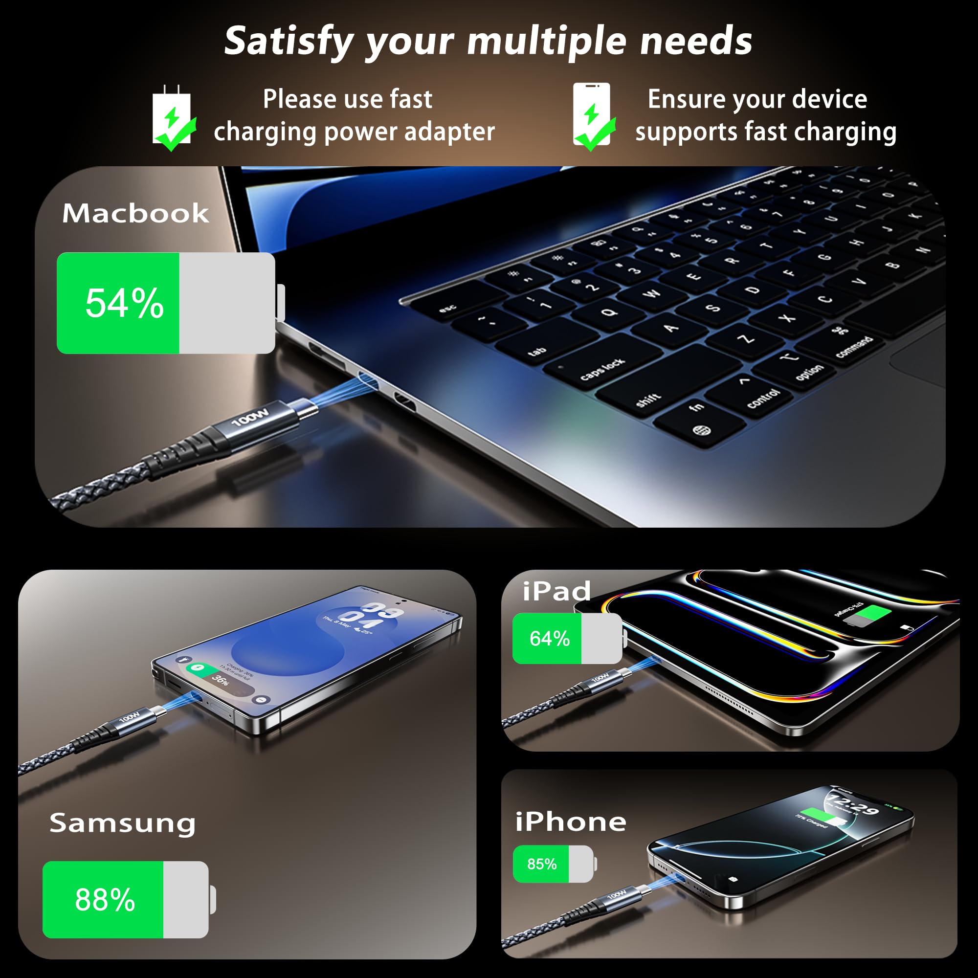 【2 Pezzi×2M】100W Cavo USBC a USBC Rapido, 5A PD3.1 USB C Cavo Nylon Intrecciato Superveloce per MacBook Pro/Air,Lenovo,Laptops, Cable Ricarica Rapida Cellulare per iPhone,Samsung,Google Pixel,Xiaomi