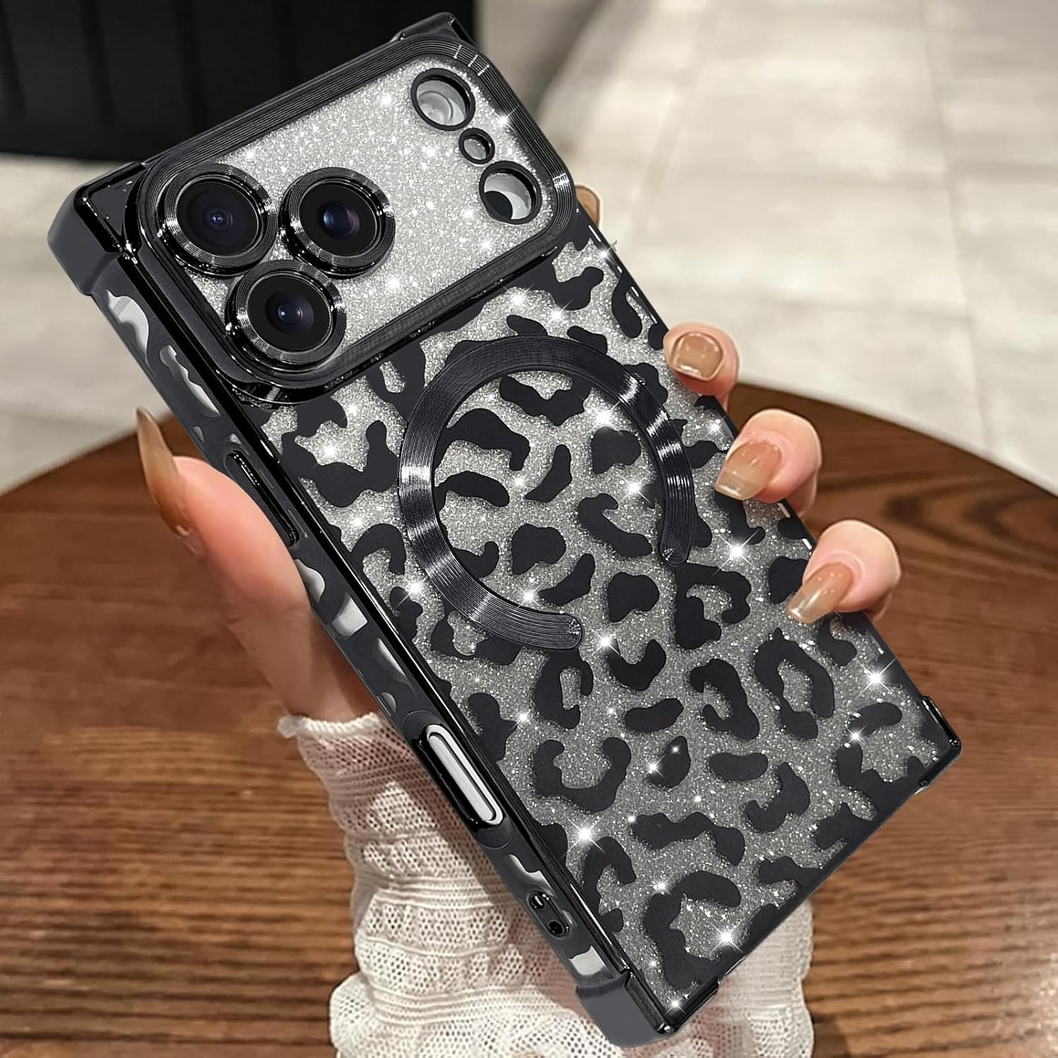 MOWIME Magnetic Case for iPhone 17 Pro Max [Compatible with Magsafe] [Luxury Plating Cheetah Print Pattern] [1 Screen Protector] Soft TPU Protective Leopard Case for iPhone 17 Pro Max 6.9", Black - Image 7
