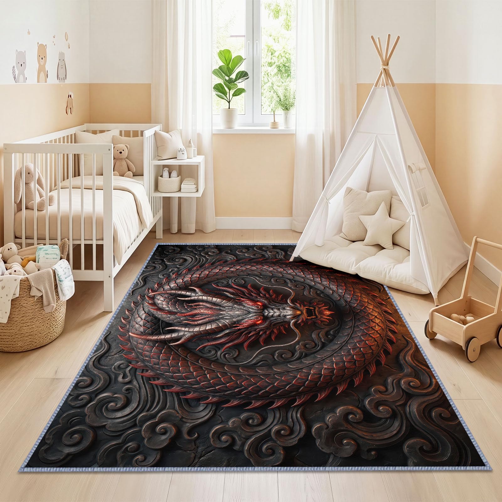 Tapis Oriental Mythologie Asiatique Facile d'entretien Antidérapant, Rouge et Noir Relief de Dragon Tapis 240 x 300 cm Antidérapant Choix Raffiné pour Chambre d'amis ou Salon Salle à Manger Chambre
