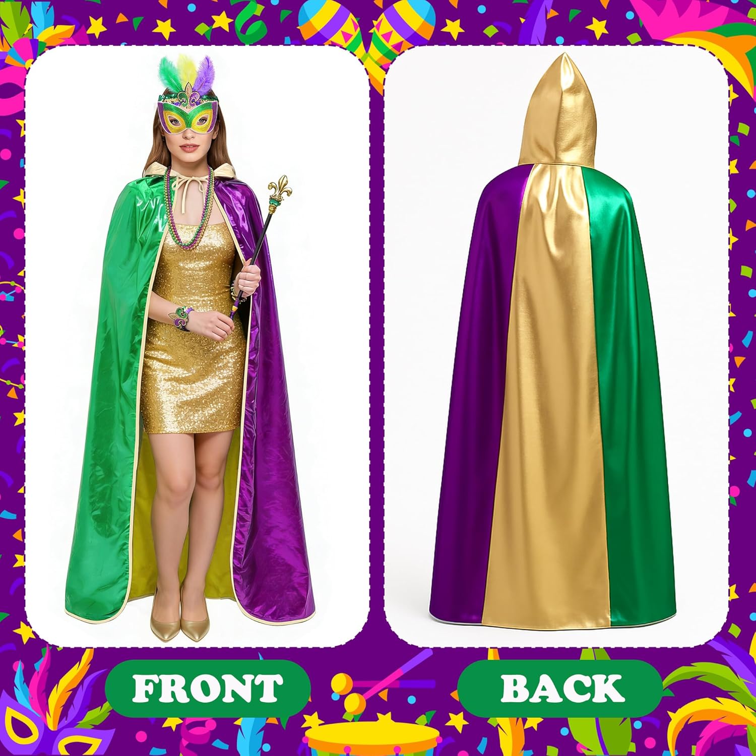 Wehhbtye 8 Pcs Mardi Gras Cape Costume Set, Mardi Gras Cloak Outfit Accessories Include Feather Headband Sequin Bracelets Eye Mask Bead Necklaces for Carnival Parade Dress up Cosplay Party Favor - Image 4