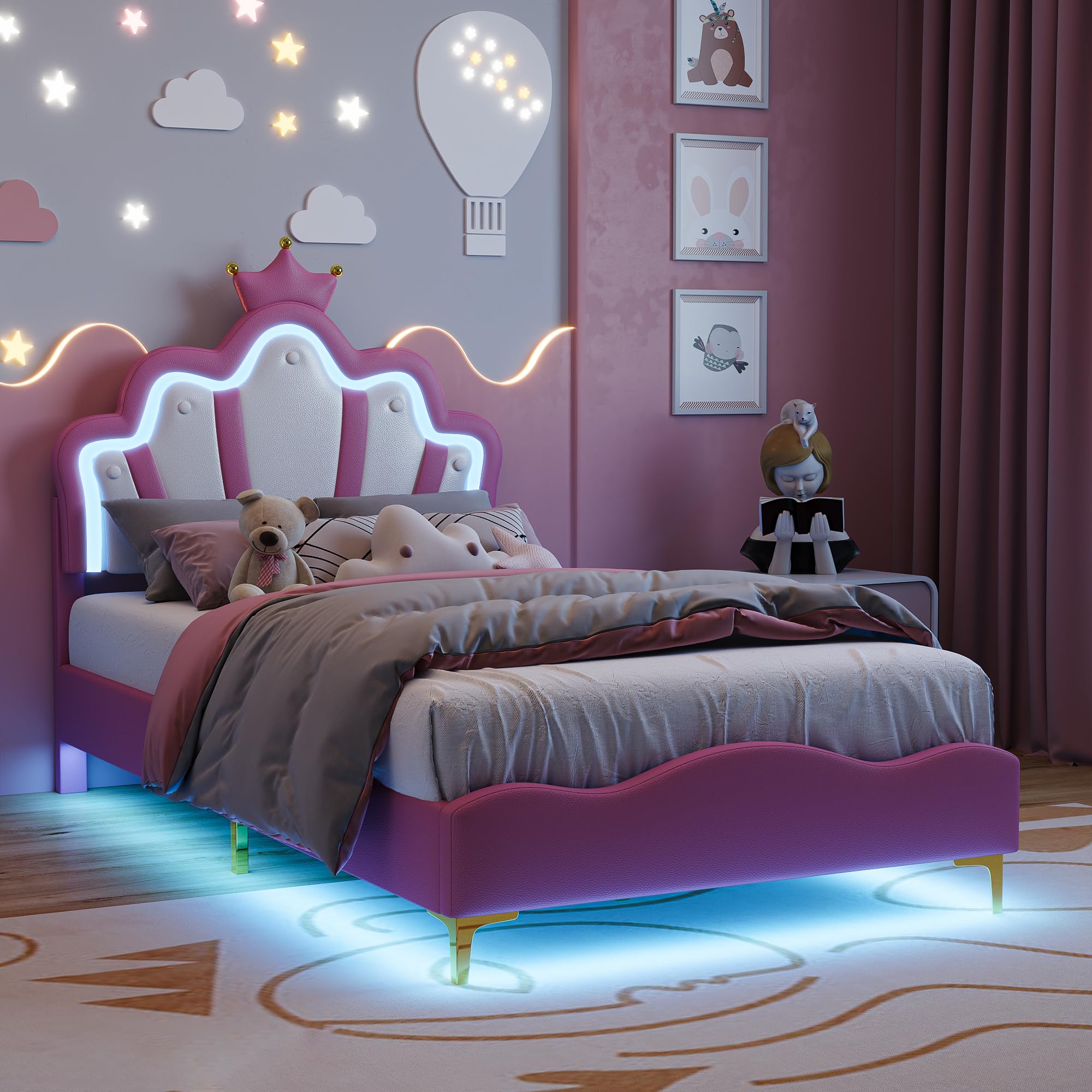 Lit Enfant Rembourré 90x200 cm pour Fille, Lit Princesse à Tête de Lit en Forme de Couronne, avec Bandeau LED Lumineux Réglable, PU Rose (sans Matelas)