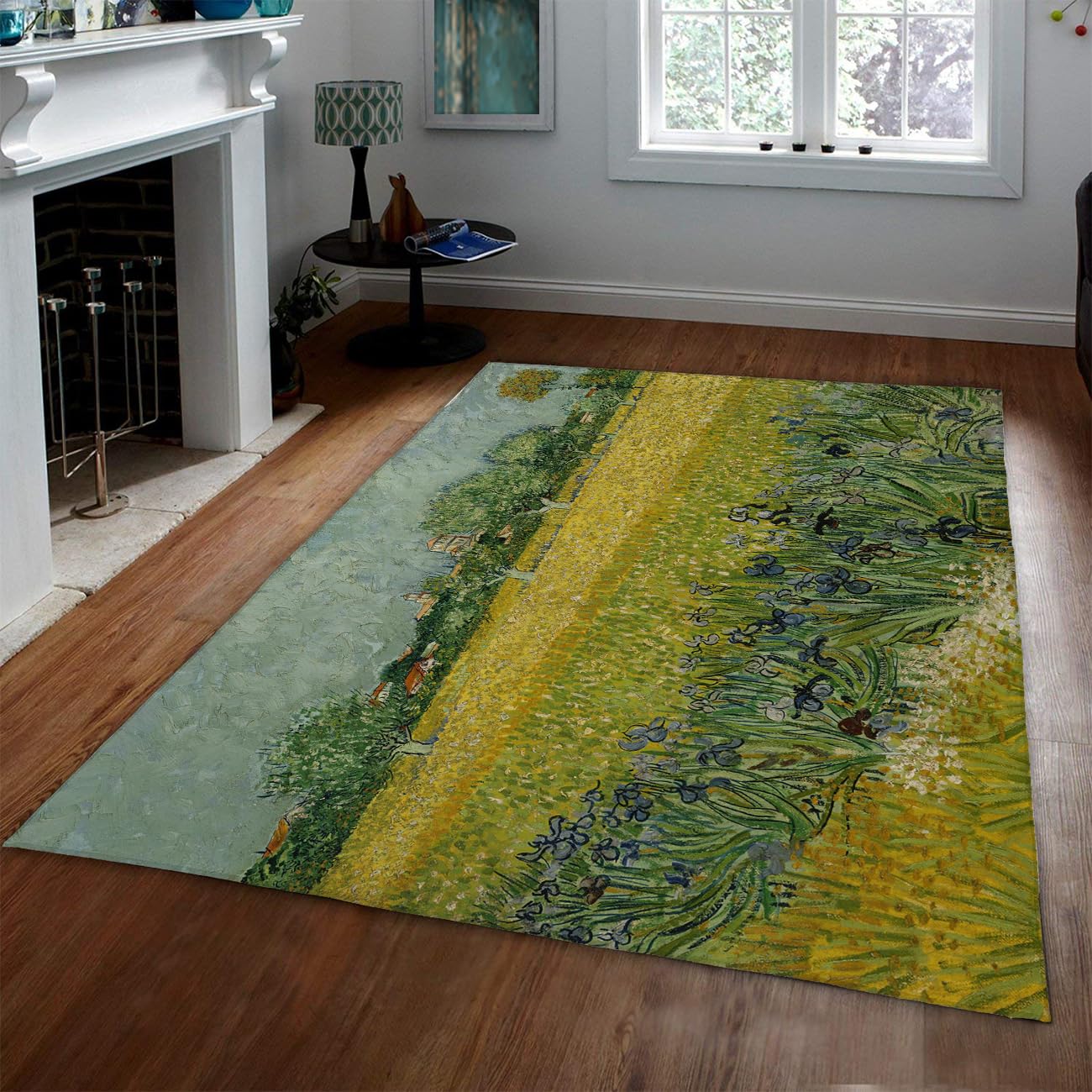 Tapis de salon 180x240cm lavable grand format imprimé iris jaune vert