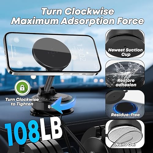 Miniatura 4 de Aspiradora de nano gel para montaje en automóvil, 108 libras, succión más fuerte y 3600 gf magnética más fuerte, soporte magnético ajustable de 360