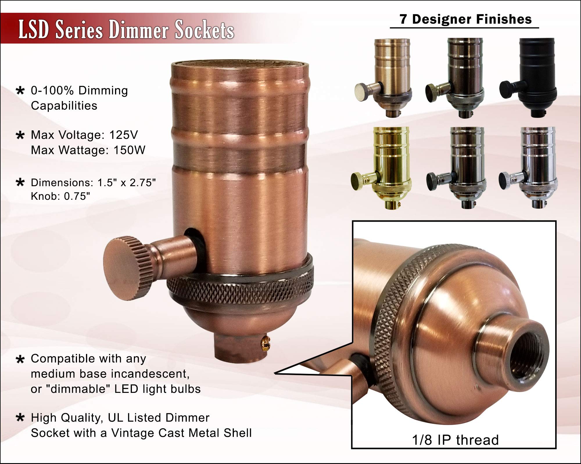 Royal Designs, Inc. Vintage Turn Knob Dimmer Lamp Socket for Incandescent LED Bulbs, Antique Copper, Set of 2