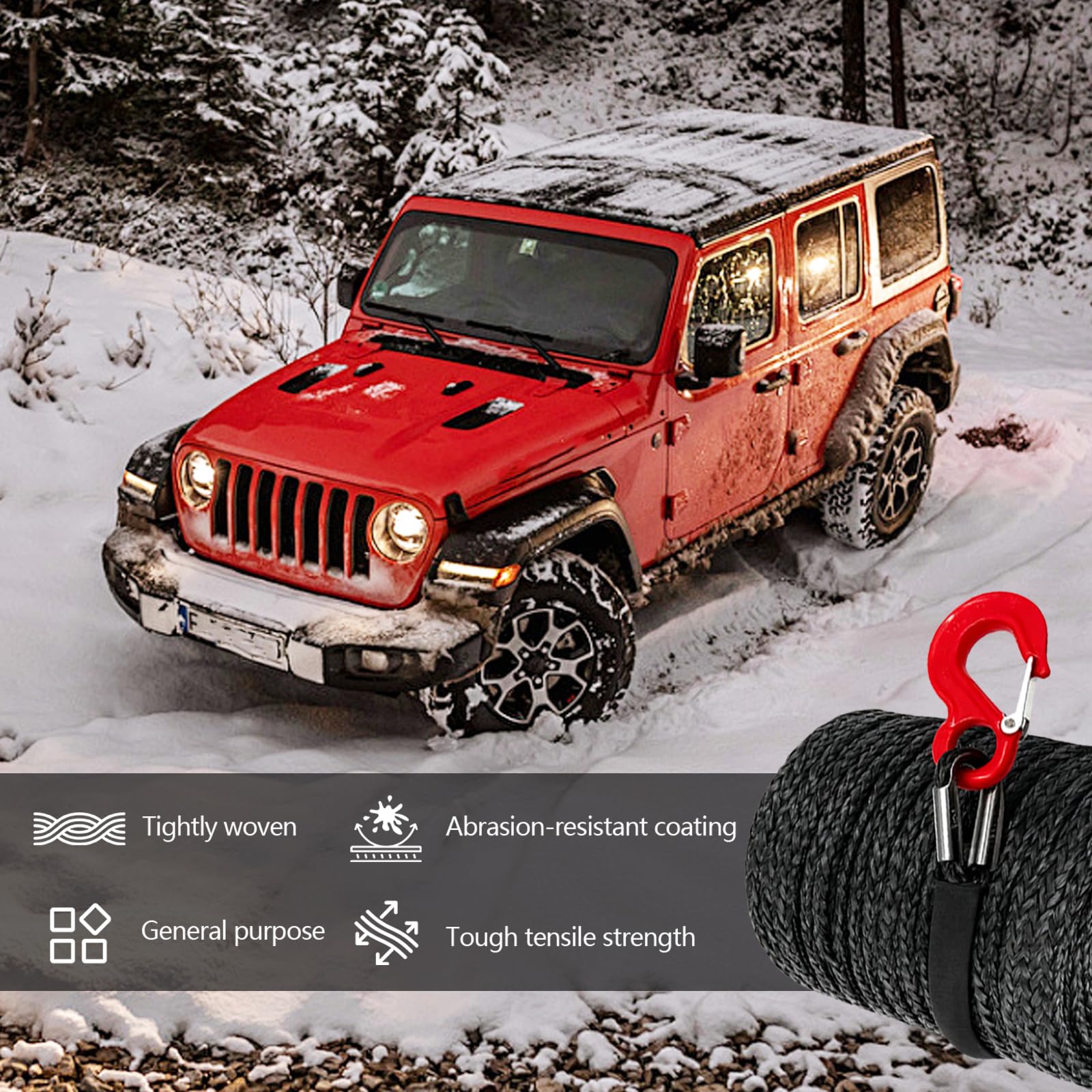 Cuerda de Remolque para Coche, Cabestrante 15m Largo 8mm Diámetro Cuerda Sintética de 12 Hilos 6000kg / 13228 Libra Cuerda de Plástico Cuerda de Remolque con Gancho Metálico para SUV ATV UTV, Negro