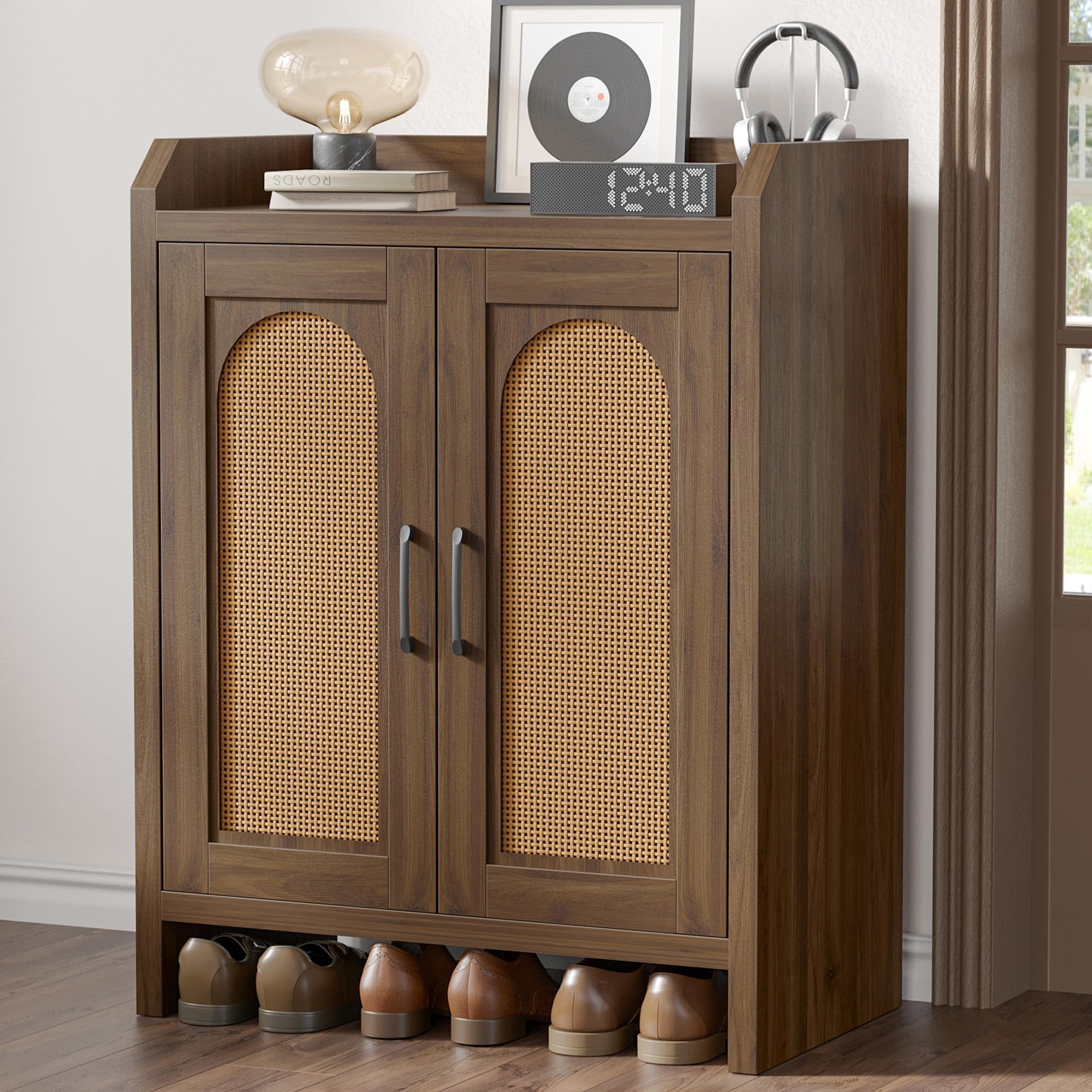 Mericonia Shoe Cabinet Storage for Entryway, Natural Rattan Storage Cabinet, Wooden Shoe Rack, Farmhouse Boho Wood Shoe Organizer Cabinet for Hallway Walnut
