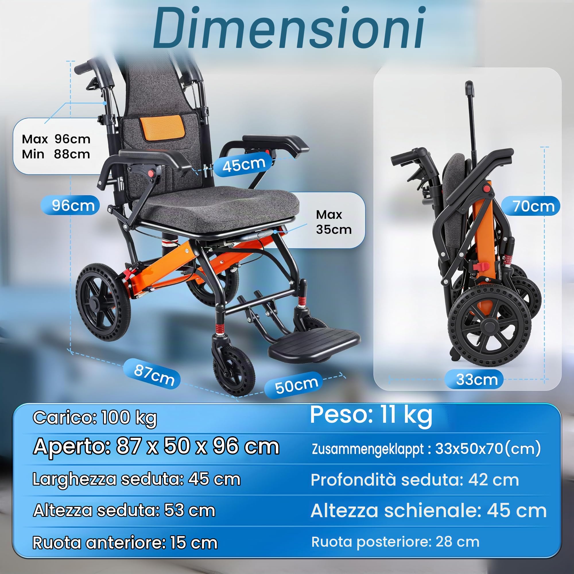 2026 - Sedia a rotelle pieghevole leggera, schienale regolabile, 28 cm, ruote per il trasporto con manico telescopico, borsa da viaggio, cuscino gonfiabile