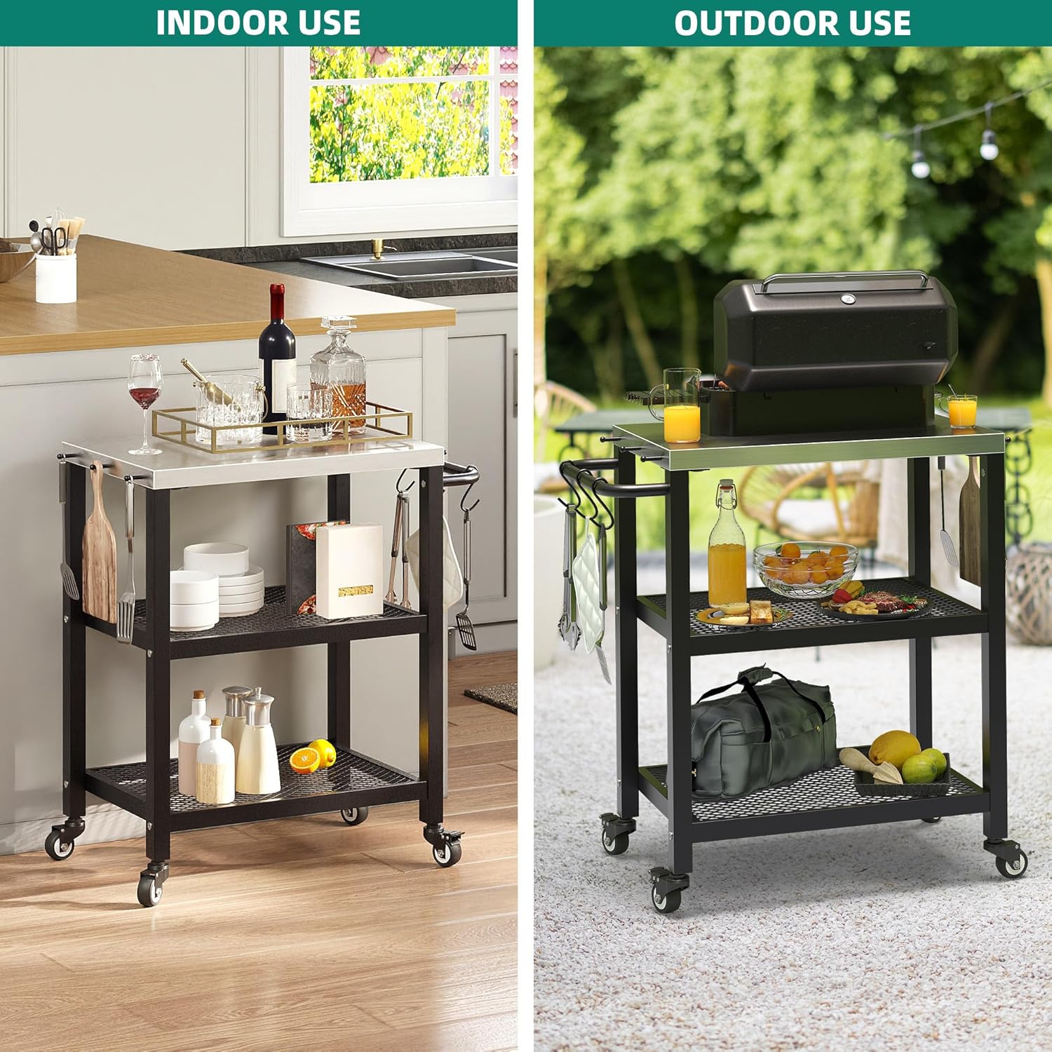 Split image showing the YITAHOME Outdoor Grill Cart in an indoor kitchen setting on the left and an outdoor patio setting on the right.
