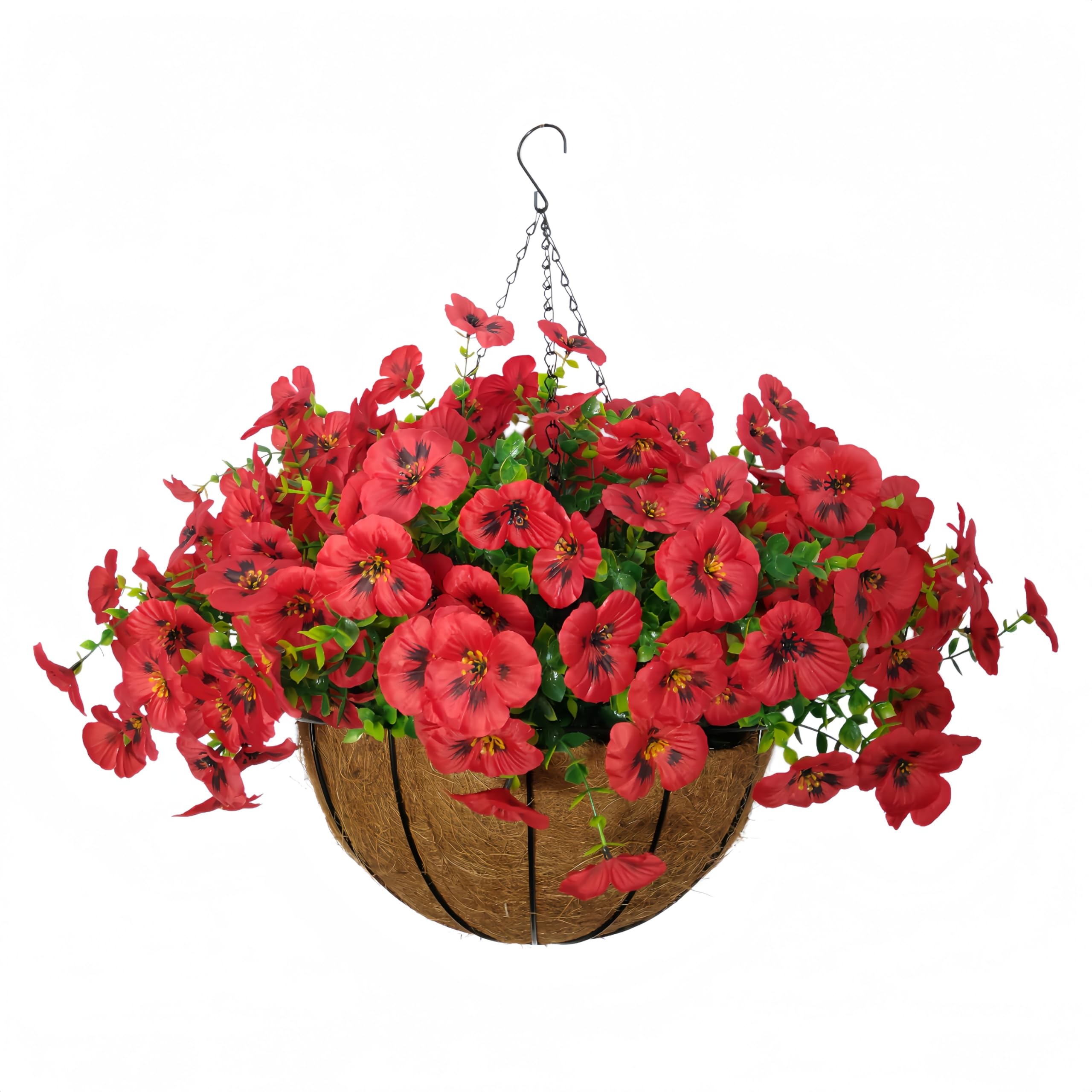 Hynbasea 12 Inches DIY Artificial Pansy Hanging Basket Faux Flowers for Indoor Outdoor Garden Decoration (Red)