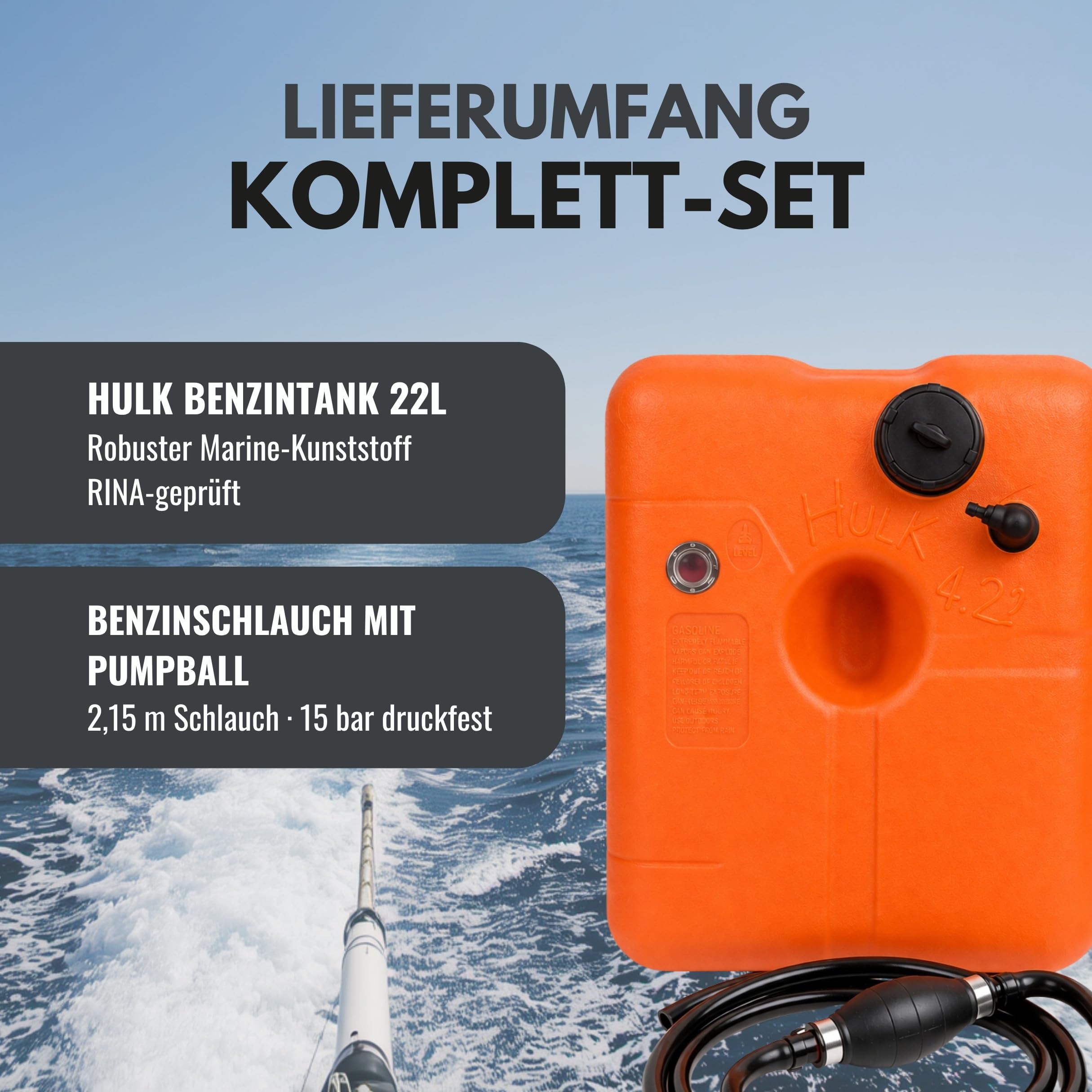 Benzintank Boot 22 Liter mit Tankanzeige – Komplettset mit Pumpball & 2,15-m-Benzinschlauch (bis 15 bar) – HDPE Kraftstofftank Außenborder, UV-beständig, Schnellkupplung