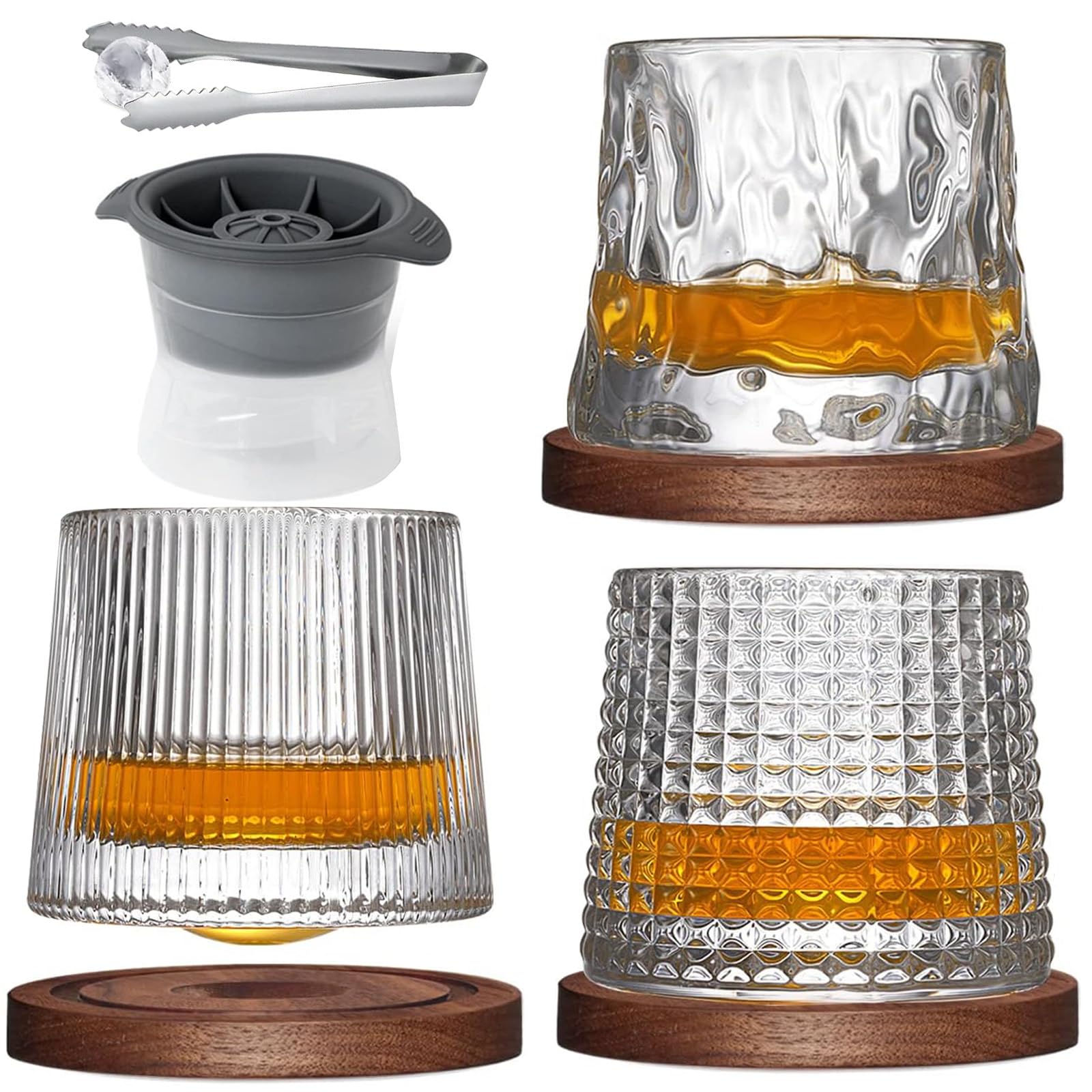 IS MUHE Whiskey Glasses,Wine Glasses with Coaster,Scotch Glasses Set of 3,Rotatable Tumbler Bar Glasses for Drinking Bourbon, Cocktails, Cognac, Rum